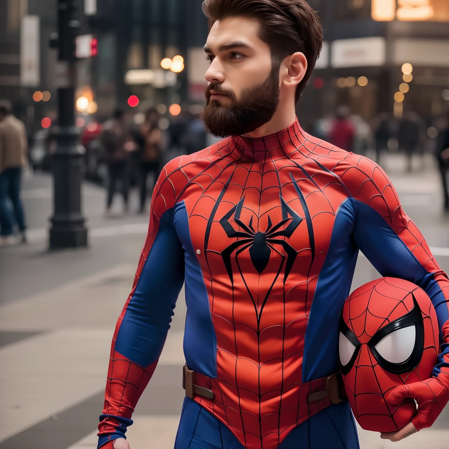 A bearded man in a spider-man costume holding his mask next to him