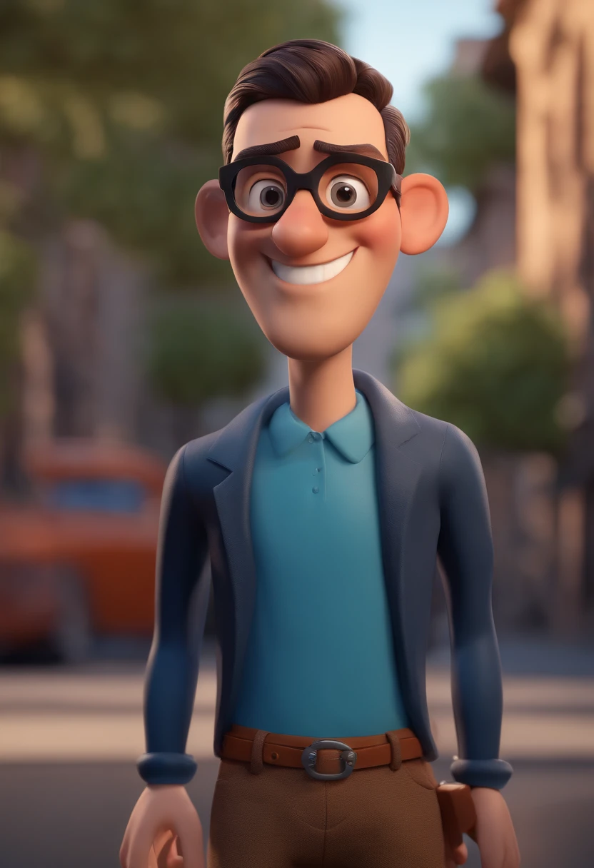 Cartoon character of a man with black glasses and a blue shirt, animation character, Caractere estilizado, animation style rendering, 3D estilizado, Arnold Maya render, 3 d render stylized, toon render keyshot, Personagem 3D, Personagem 3D, 3d rendering stylized, 3 d character render, personagem de desenho animado, Personagem de close up, Pose de personagem,  (Estilo Pixar) (master part:1.2) (Bokeh) (best quality) (pele detalhada) (textura detalhada) (8k) (argila) (Cinematic lighting) (foco nítido