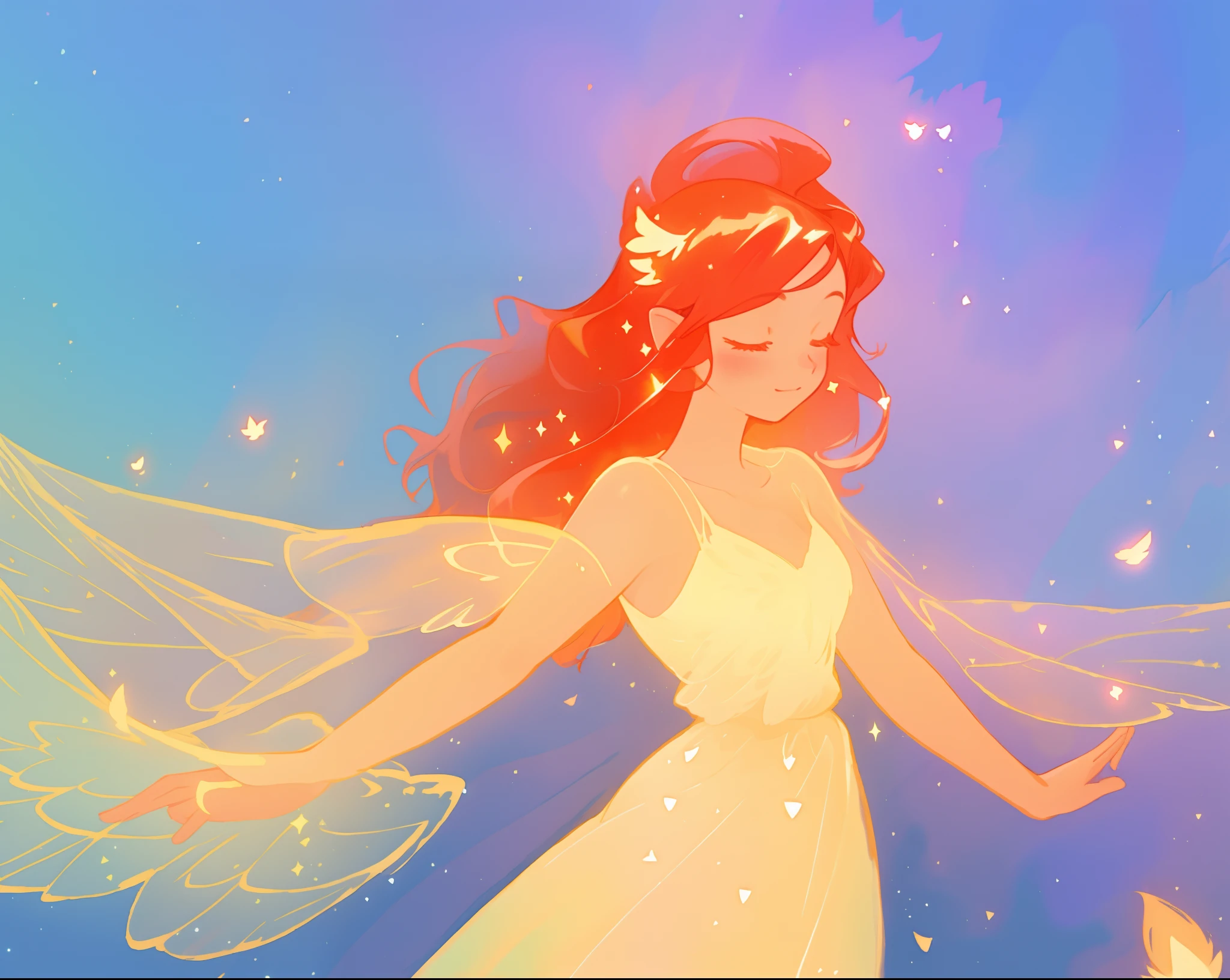 beautiful girl in golden gown, sparkling fairy wings, long flowing red hair, fantasia sky background, colorful, (glowing fairy wings), glowing flowing ballgown, long wavy hair, sparkling fairy wings, watercolor illustration, flowers and colorful plants, disney art style, glowing aura around her, flowing glowing hair, glowing flowing hair, beautiful digital illustration, beautiful, masterpiece, best quality, anime disney style