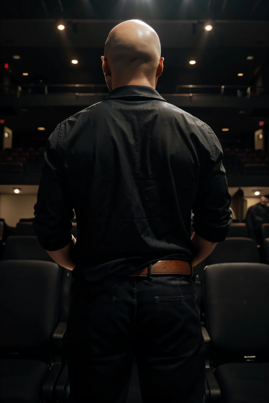I'm looking for a cover for my e-book that addresses stage lighting professionals. The ideal scene is a theater, in which the highlight is a man standing with his back turned in the scene. He is bald, chubby and wears a black shirt. The image can exploit the backlight where it does not appear in its entirety, creating an immersive atmosphere that captures the essence of this man with his back facing his work environment.