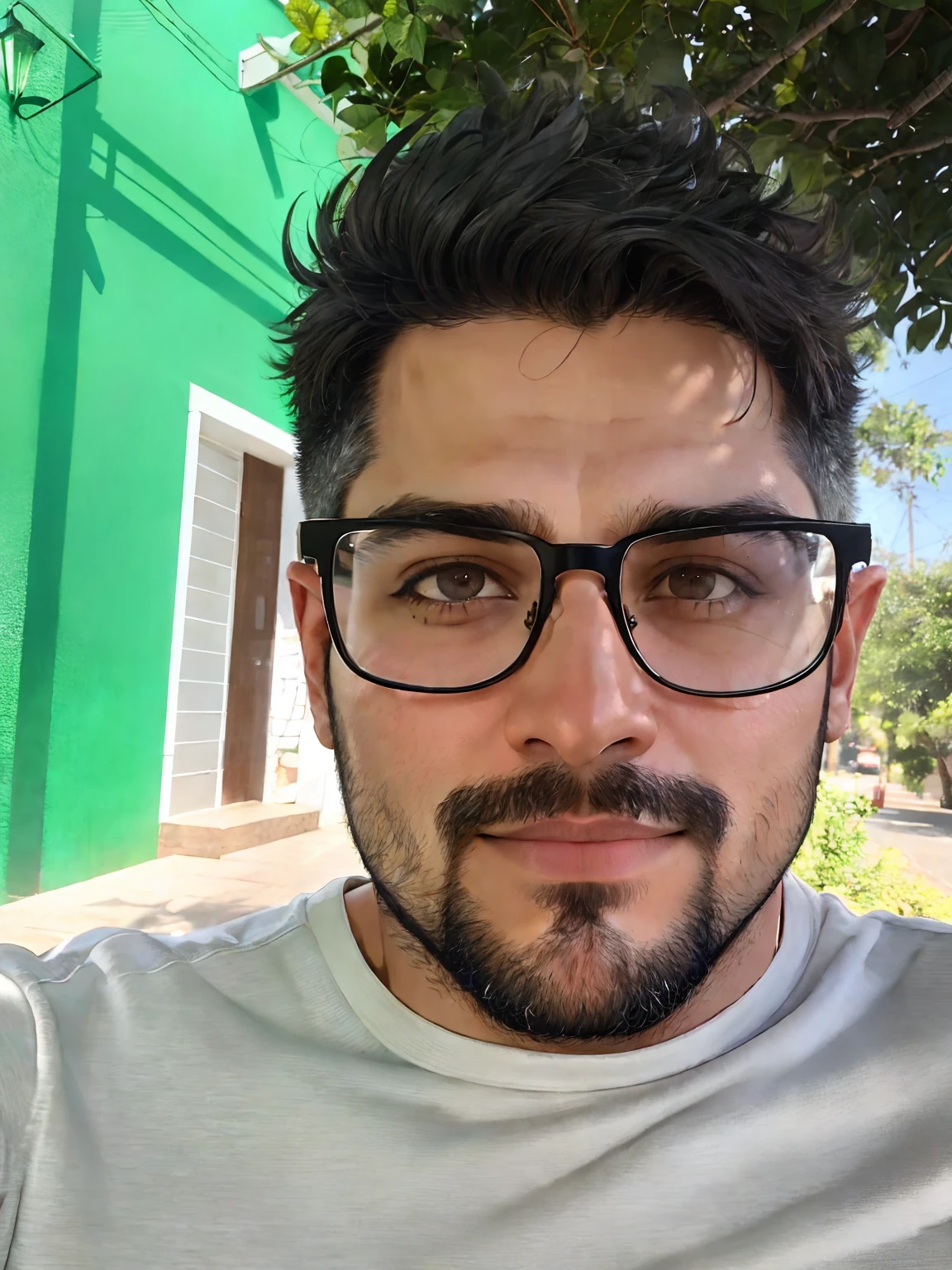 there is a man with glasses and a beard wearing a gray shirt, frontal picture, david rios ferreira, looking straight to camera, 8k selfie photograph, looking straight into camera, 3 2 years old, icaro carvalho, with glasses and goatee, man with glasses, andres rios, staring directly into camera, looking straight into the camera, foto realista