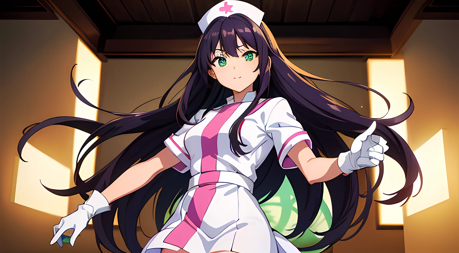 (kisaragi chihaya, purple hair, (brown eyes:1,5), long hair, solo, business woman outfit), (rin shibuya, black hair, (green eyes:1.5), long hair, solo, nurse, ((white nurse cap, white nurse's outfit))), ((white legwear, zettai ryouiki)), white gloves, smile, standing, hospital room, sharp outline, short sleeves, best quality, masterpiece