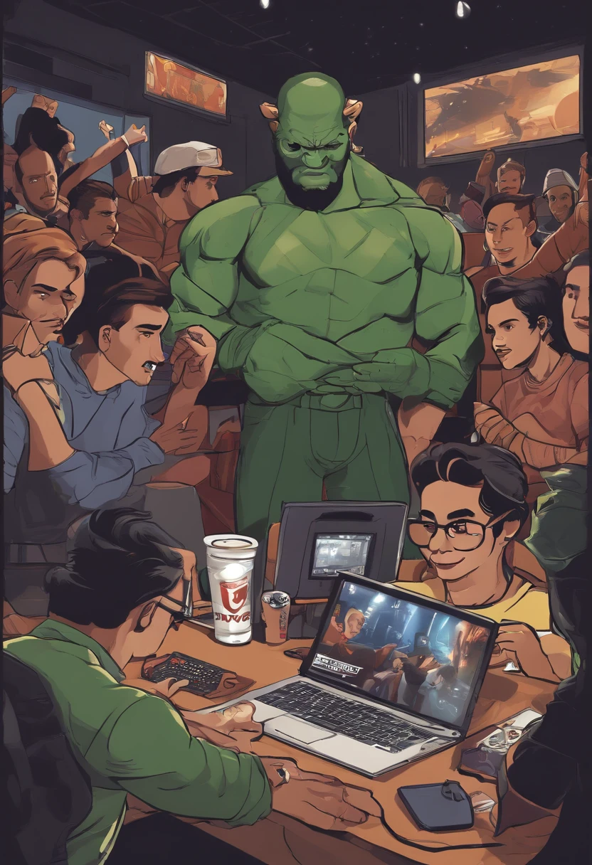 masterpiece, official art, 8k, highly-detailed, best quality, a group of people gathered around a computer screen, all of them energetic and enthusiastic, some standing, others sitting on chairs, all staring intently at the screen, a loud cheer erupting from their midst, their faces lit up with excitement and triumph, a gaming competition being held, the players all engrossed in the game, their fingers moving rapidly on the keyboard and mouse, the room filled with the sound of clicking and tapping, posters of famous gamers and game characters on the walls, energy drink cans and snack wrappers littering the floor, a trophy and cash prize on a nearby table, waiting to be claimed by the victorious team