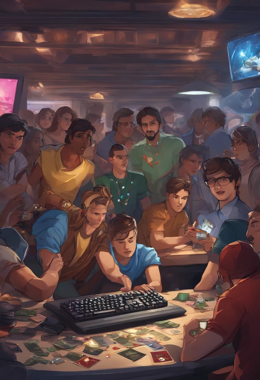 masterpiece, official art, 8k, highly-detailed, best quality, a group of people gathered around a computer screen, all of them energetic and enthusiastic, some standing, others sitting on chairs, all staring intently at the screen, a loud cheer erupting from their midst, their faces lit up with excitement and triumph, a gaming competition being held, the players all engrossed in the game, their fingers moving rapidly on the keyboard and mouse, the room filled with the sound of clicking and tapping, posters of famous gamers and game characters on the walls, energy drink cans and snack wrappers littering the floor, a trophy and cash prize on a nearby table, waiting to be claimed by the victorious team
