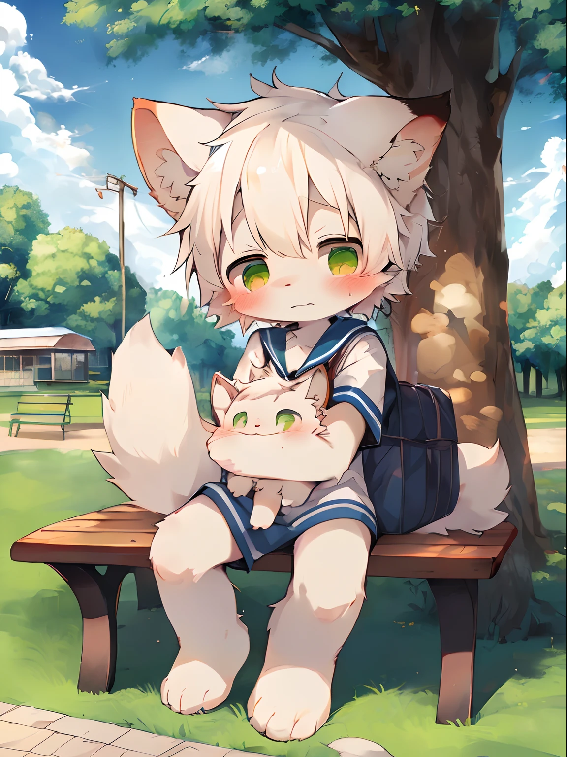 masutepiece, High quality, Absurd resolution, Digital Painting \ (The artwork \), By Dagasi, yupa, Kiyosan, (fluffy fur, White fur, Full body fur,), Male child,elementary student,独奏,1 person, Green eyes, White hair,Carrying a school bag on your back,Lowered ears,kawaii,Sweating,a sailor suit, Bare legged, Bright eyes, the panorama, Character Focus. Detailed background, cloud background,a park,Bench under the tree ,sitting on