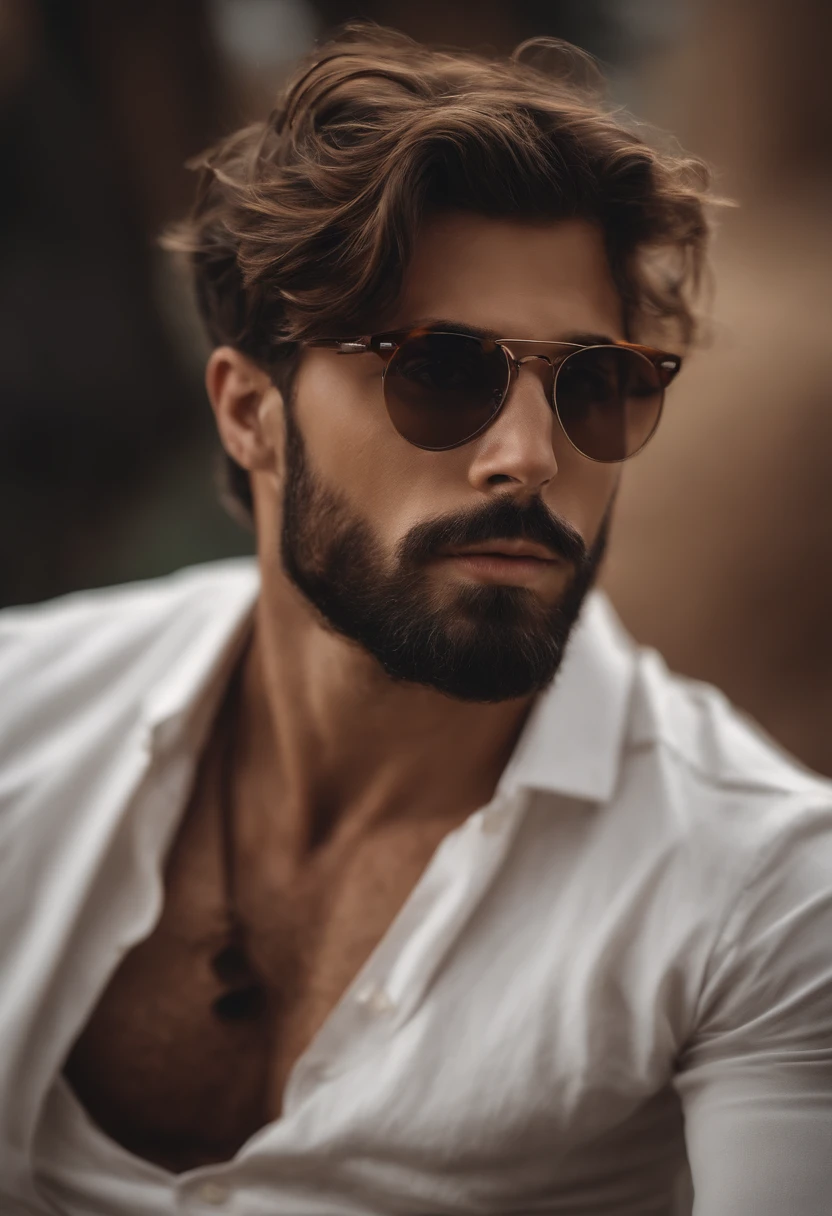 Homem bonito de 28 anos, cabelo castanho escuro curtinho, barba grande, camisa polo branca com uma bolsa marrom pendurada no ombro esquerdo, glasses and small ear and nose a bit big