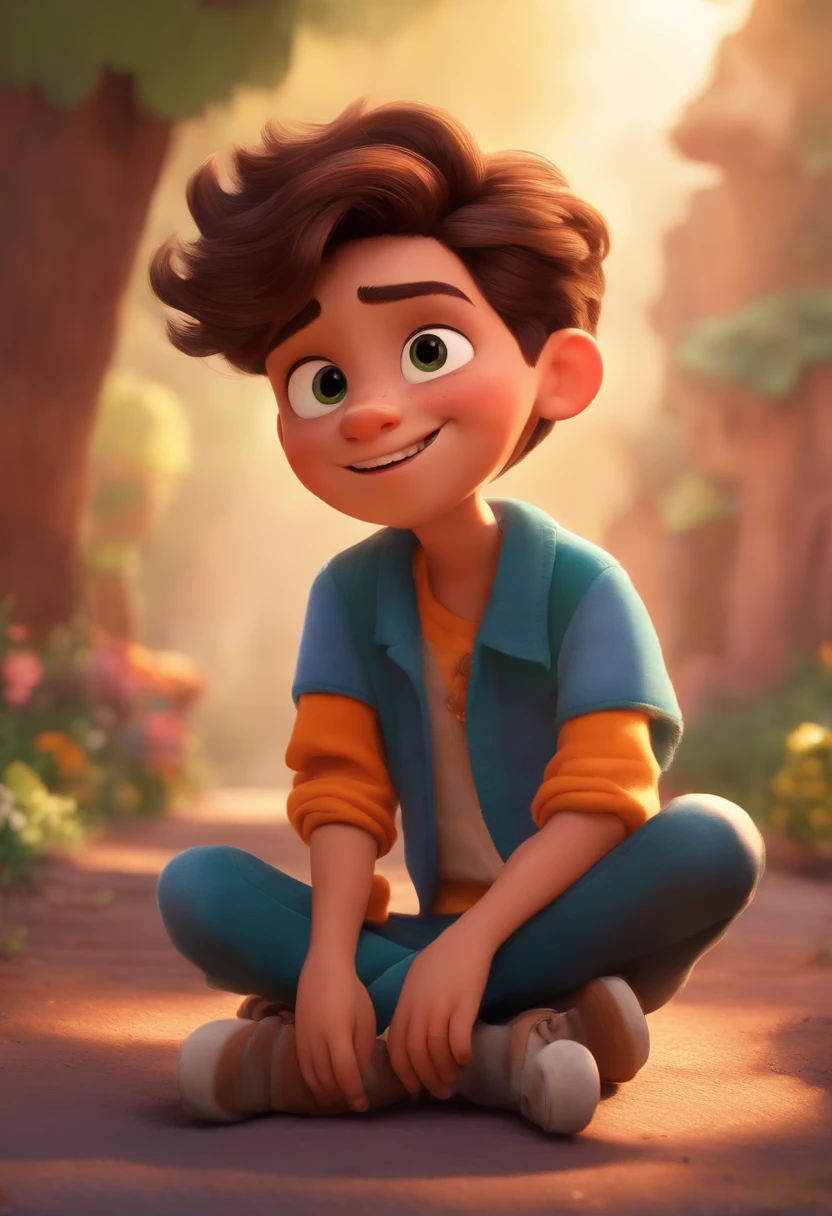 Image of a boy for a story in a YouTube video in Pixar format, He's the allabester, He's the class leader, He's outgoing, Playful and gets up for a lot of things, cabelo curto