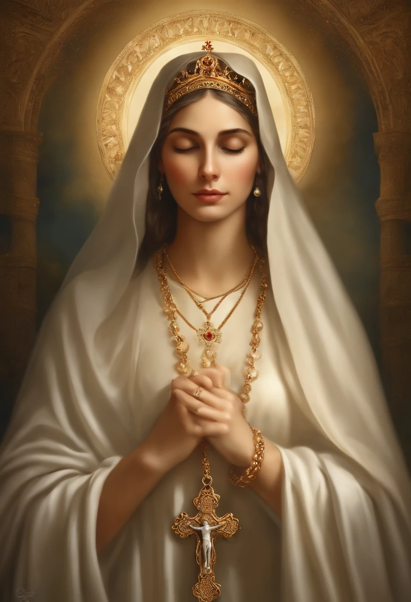 no fundo branco, the image of Our Lady of Fatima. She has a serene face and her eyes are closed and express calm and pity. She has a long white veil that falls over her shoulders. Ela usa um manto branco que cobre todo o corpo (except the hands and feet) com detalhes dourados nas bordas (no colarinho e na cintura). Ela usa um colar com uma medalha milagrosa. She wears a gold Marian crown on her head (que tem uma cruz no topo). She holds a rosary in her right hand (que tem contas brancas e uma cruz dourada). The rosary is wrapped around the index finger and thumb. She is in a position of prayer. Her feet are bare in a white novem. The cloud is on top of a small bush-like tree, arte vetorial