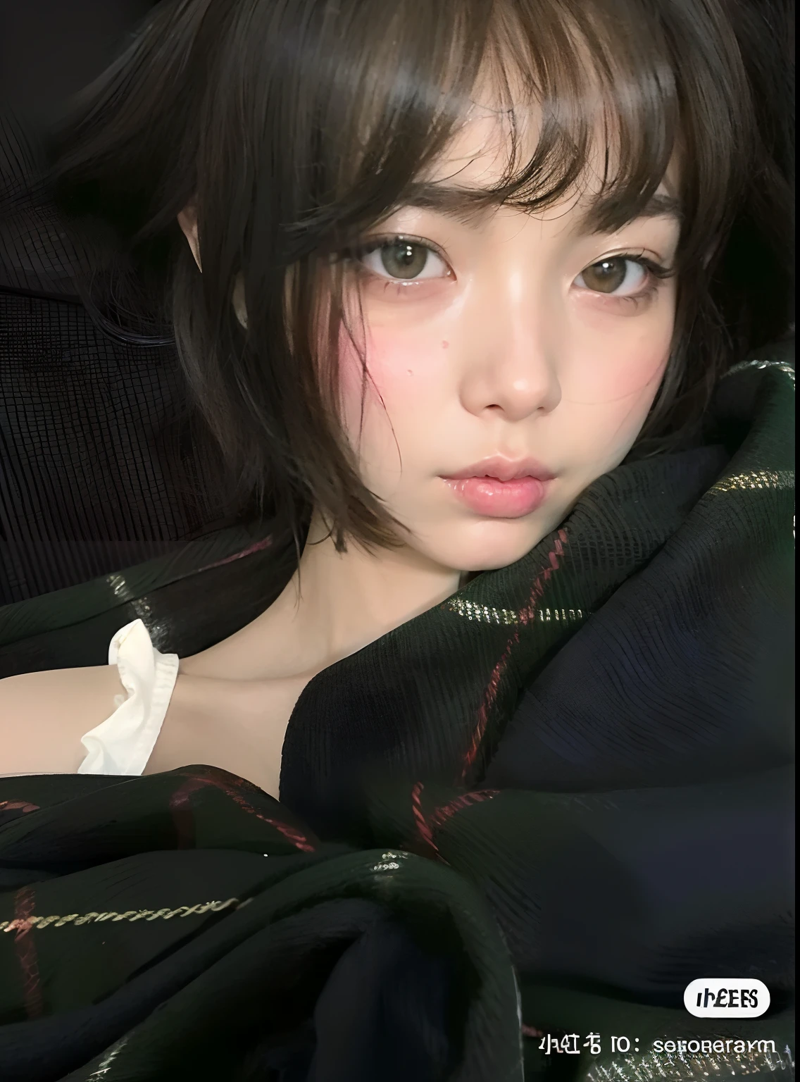 a close up of a woman wrapped in a blanket on a couch, ulzzang, girl cute-fine-face, cute natural anime face, 🤤 girl portrait, with short hair, black hime cut hair, anime girl in real life, with cute - fine - face, beautiful japanese girls face, she has black hair with bangs, cute round slanted eyes