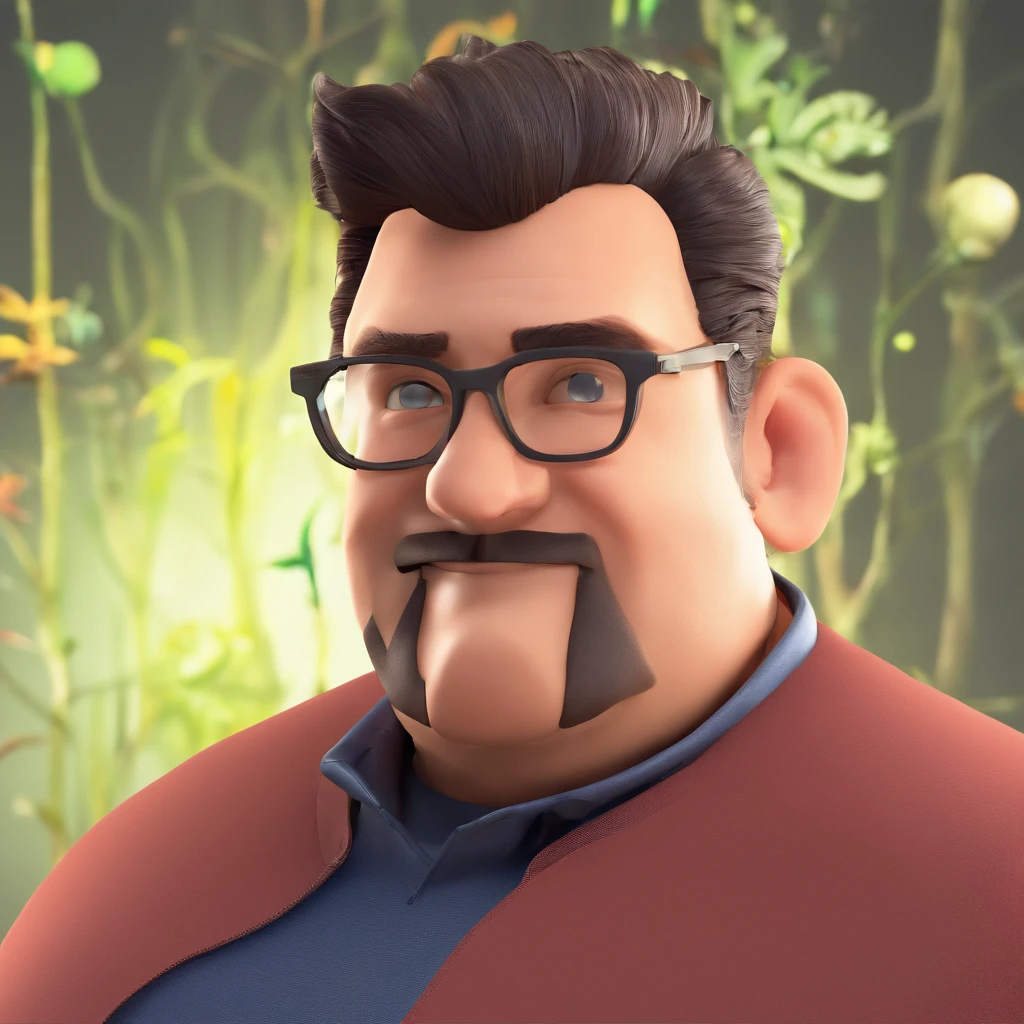 Criar um personagem no estilo Pixar. Trata-se de um homem de 30 anos, com barba, Branco, com cabelos castanhos curtos e um quiff, e olhos castanhos. Ele deve estar na frente de um computador, Trabalhar como designer