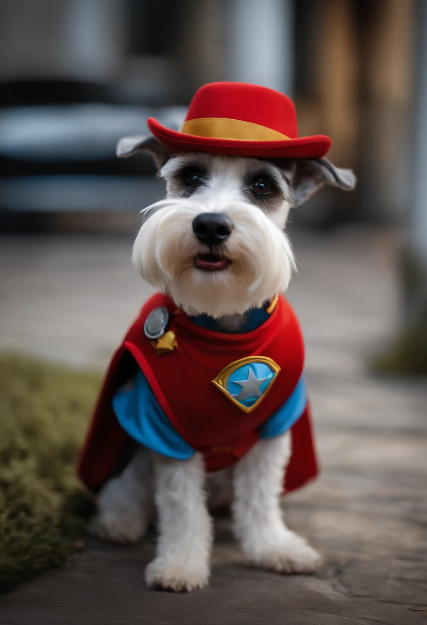 UMA PERSONAGEM INSPIRADA NA DISNEY PIXAR. IMAGE OF A WHITE BREED MINIATURE SCHNAUZER DOG WITH SUPERHERO OUTFIT. ELE DEVE PARECER CORAJOSO E FORTE. VEMOS UMA CIDADE COM PREDIOS ALTOS AO FUNDO. A CENA DEVE ESTAR NO ESTILO DE ARTE DIGITAL DA PIXAR, focusing on the expressions of the characters, CORES VIBRANTES E TEXTURAS DETALHADAS.