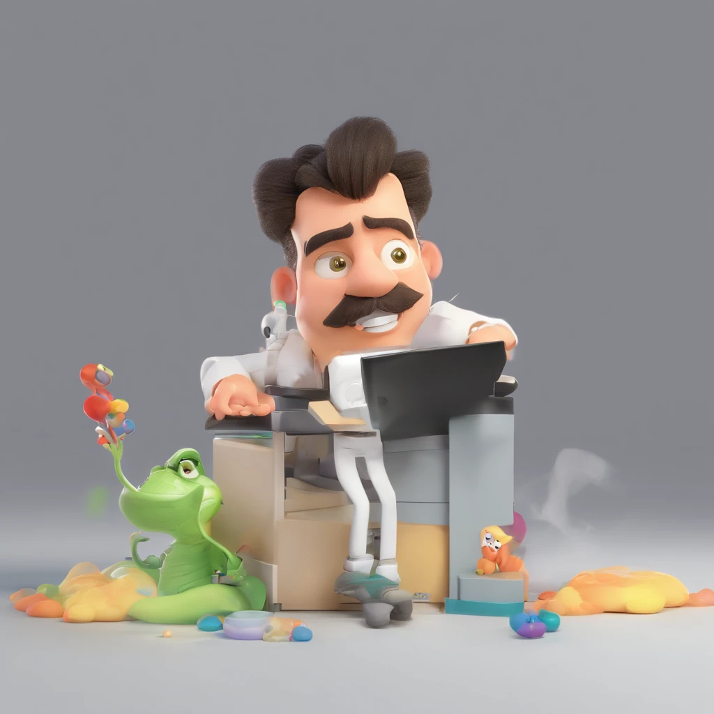 Criar um personagem no estilo Pixar. Trata-se de um homem de 30 anos, com barba, Branco, com cabelos castanhos curtos e um quiff, e olhos castanhos. Ele deve estar na frente de um computador, Trabalhar como designer