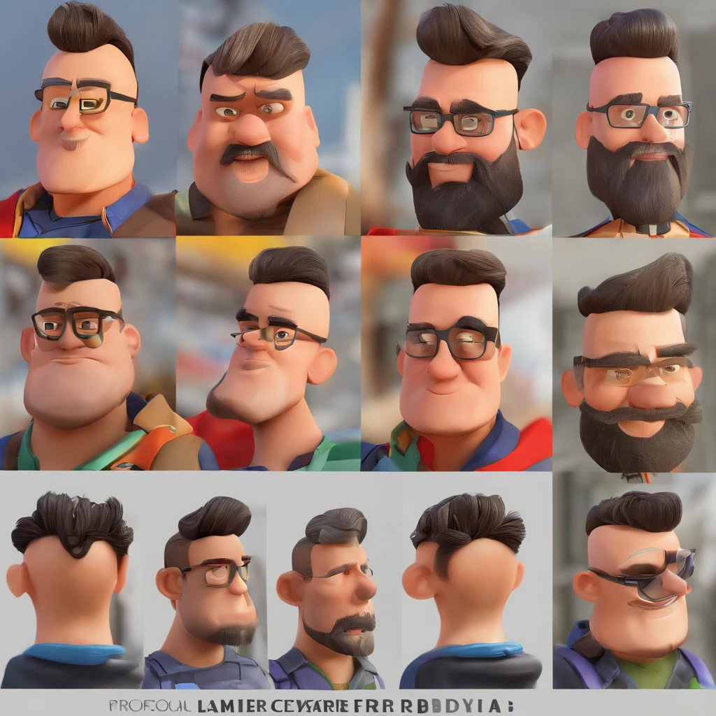 Criar um personagem no estilo Pixar. Trata-se de um homem de 30 anos, com barba, Branco, com cabelos castanhos curtos e um quiff, e olhos castanhos. Ele deve estar na frente de um computador, Trabalhar como designer