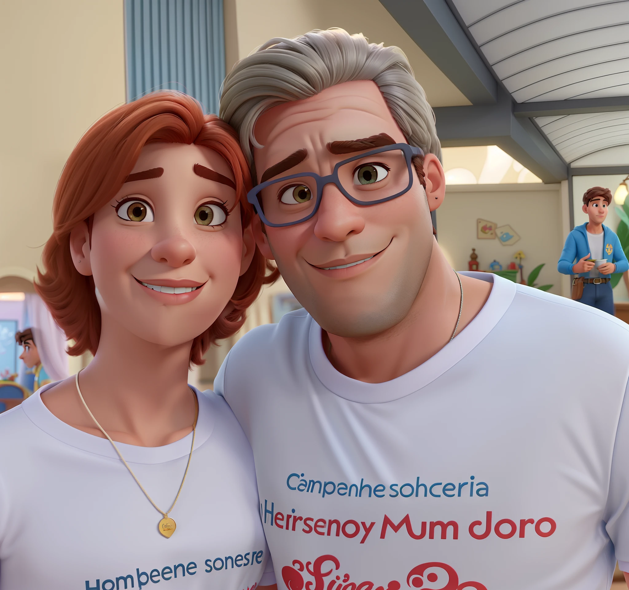 Casal (homem moreno e mulher branca) no estilo Disney Pixar, alta qualidade, melhor qualidade.