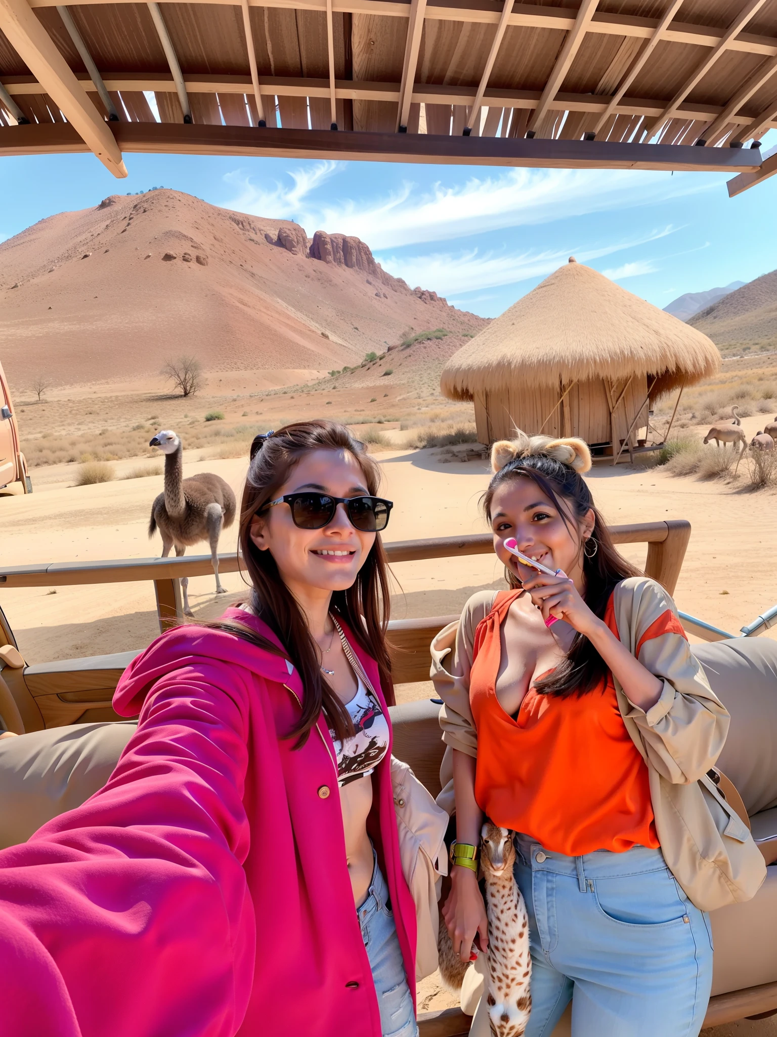 Duas mulheres, pousando para foto selfie, visiting a safari with ostrich behind