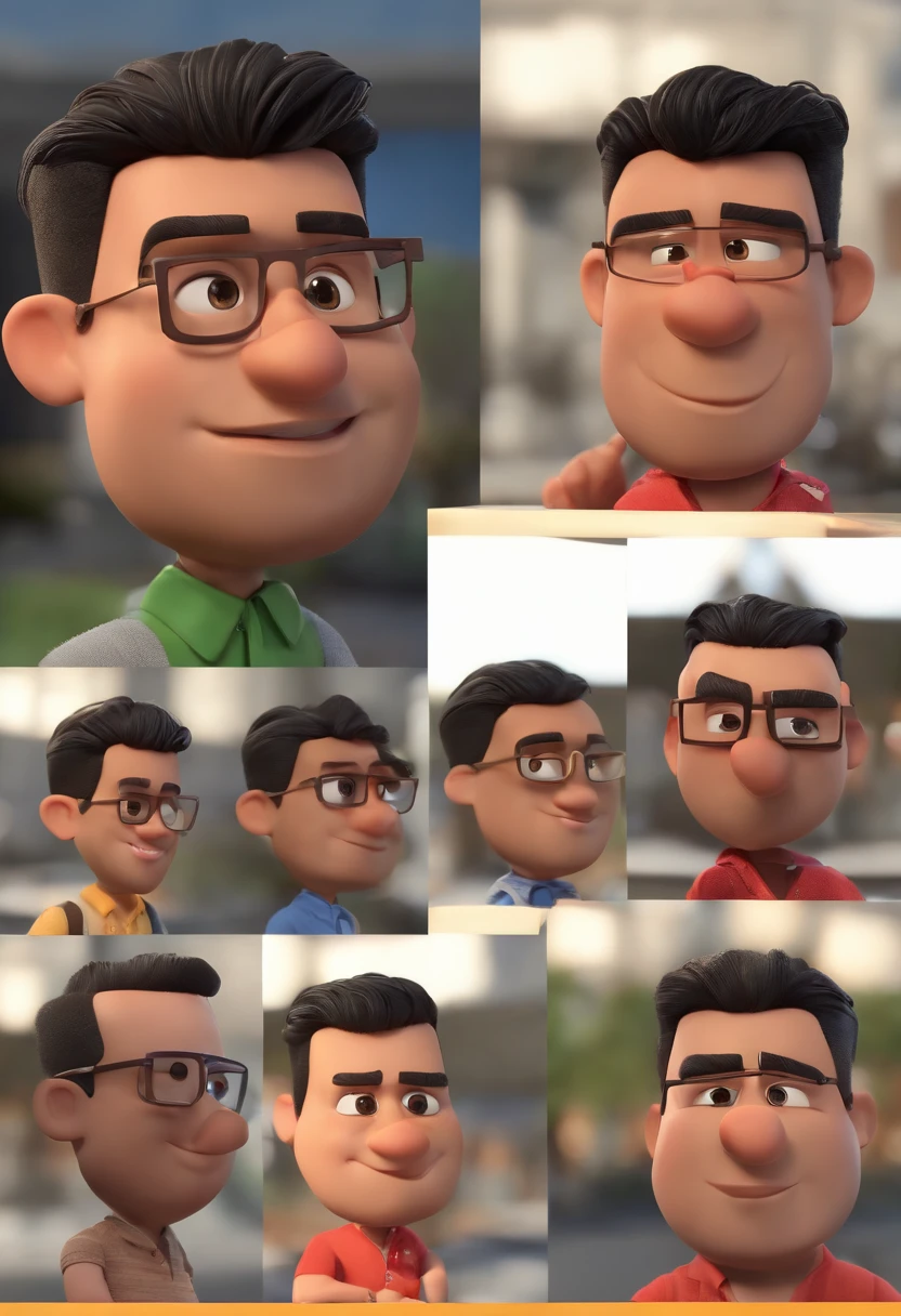 Cartoon character of a man wearing black glasses and a blue shirt, um personagem animado, Caractere estilizado, animation style rendering, 3D estilizado, Arnold Maya render, 3 d render stylized, toon render keyshot, Personagem 3D, Personagem 3D, 3d rendering stylized, 3 d character render, personagem de desenho animado, Personagem de close up, Pose de personagem, (Estilo Pixar) (master part:1.2) (Bokeh) (best quality) (pele detalhada) (textura detalhada) (8k) (argila) (Cinematic lighting) (foco nítido，Senta e vaza a parte superior do corpo