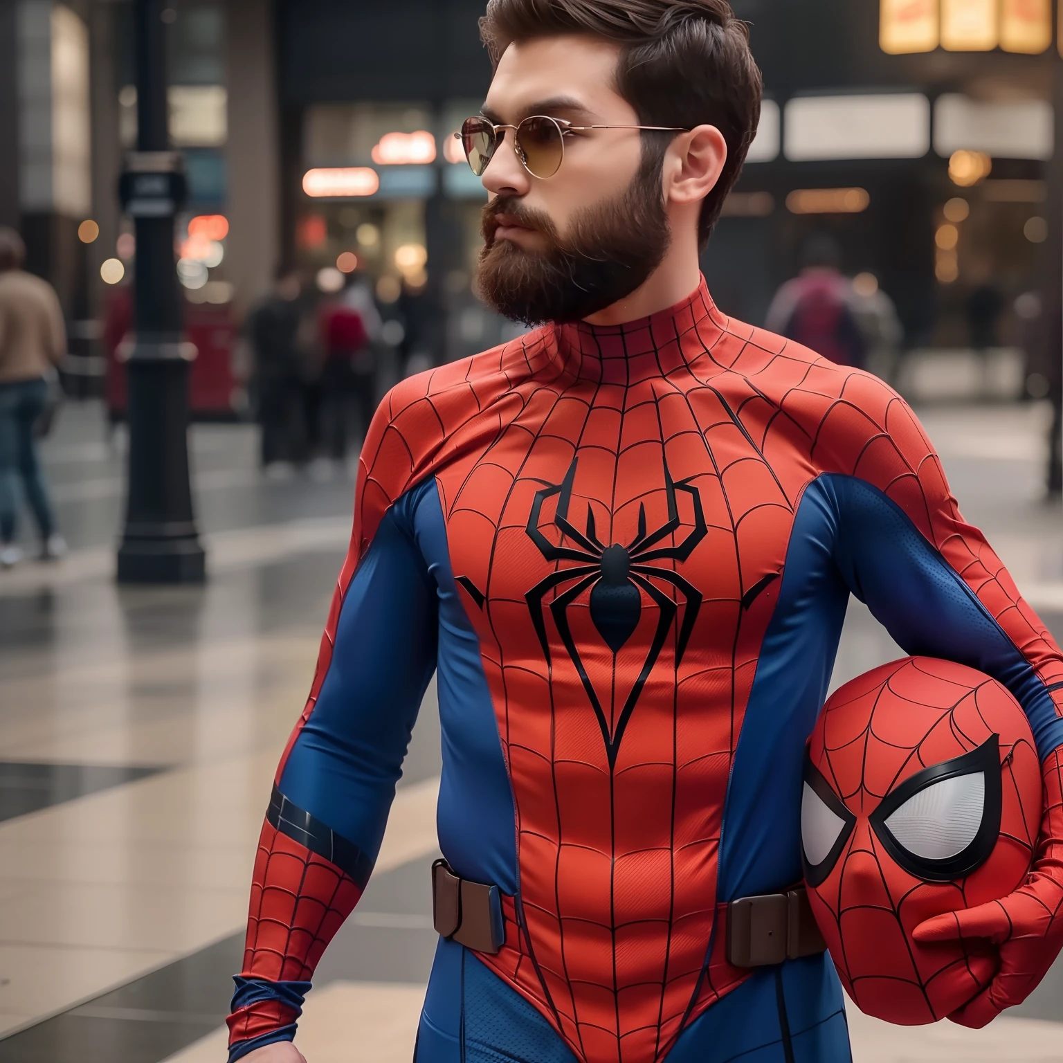 A bearded man in a spider-man costume holding his mask next to him