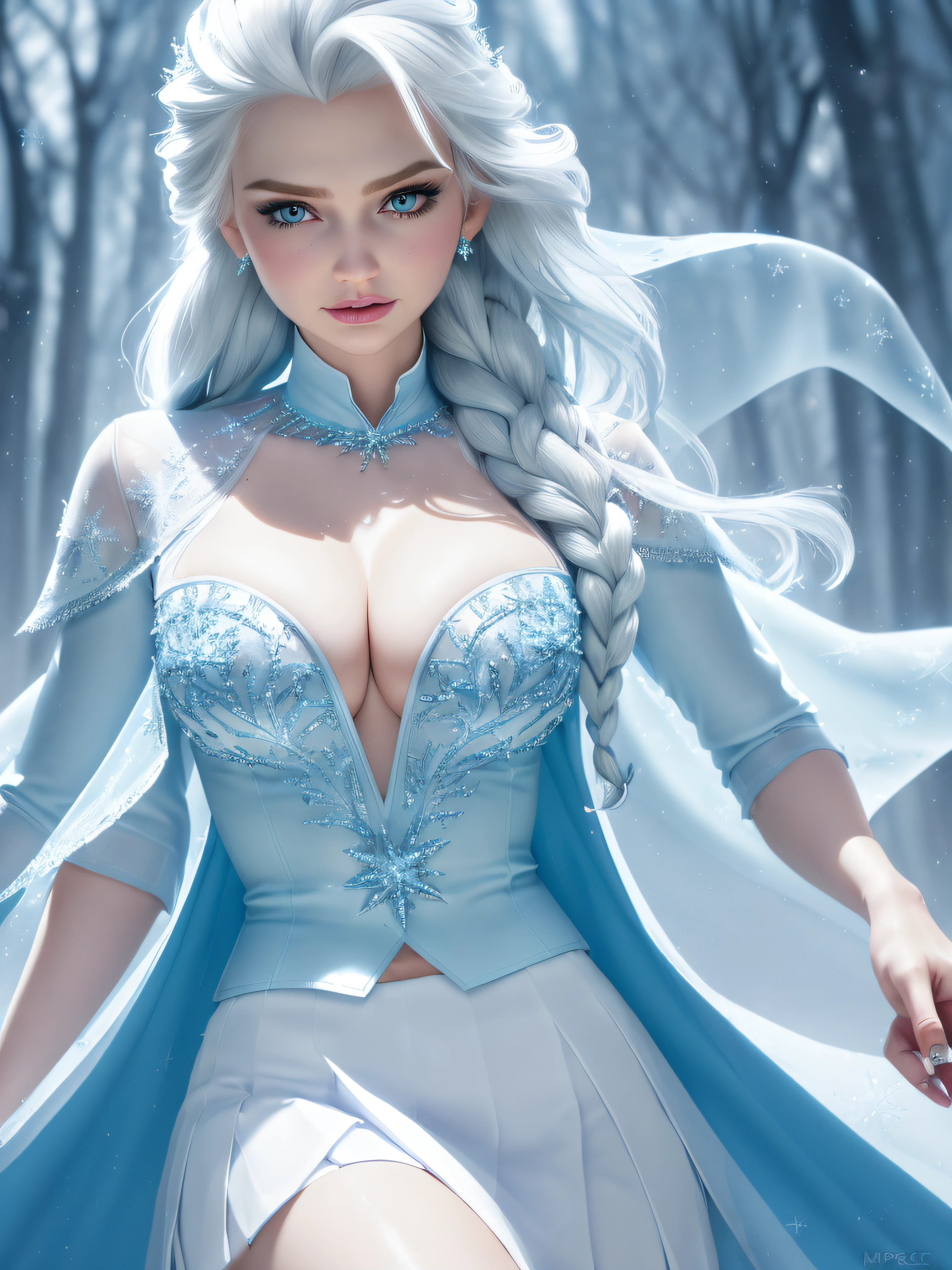 elsa, elsa from frozen,  (blue dress), 1girl, sword, holding sword, masterpiece, best quality, wide-angle, detailed hair, textured hair, long hair, white hair, fair skin,
realistic, 4k, ultra realistic, texture, detailed background, detailed eyes, Perfect features, (masterpiece), (best quality:1.4), absurdres, [:intricate details:0.2], moist skin, shiny skin, glossy skin, (masterpeace, best quality, good quality:1.4), masterpeace, intricate details,
wearing modern clothes, (shirt:1.5), (white shirt), pants, skirt, short skirt, miniskirt, pleated skirt, unbuttoned, unbuttoned shirt, large breasts, cleavage, 
cute face, detailed face, shaded face,