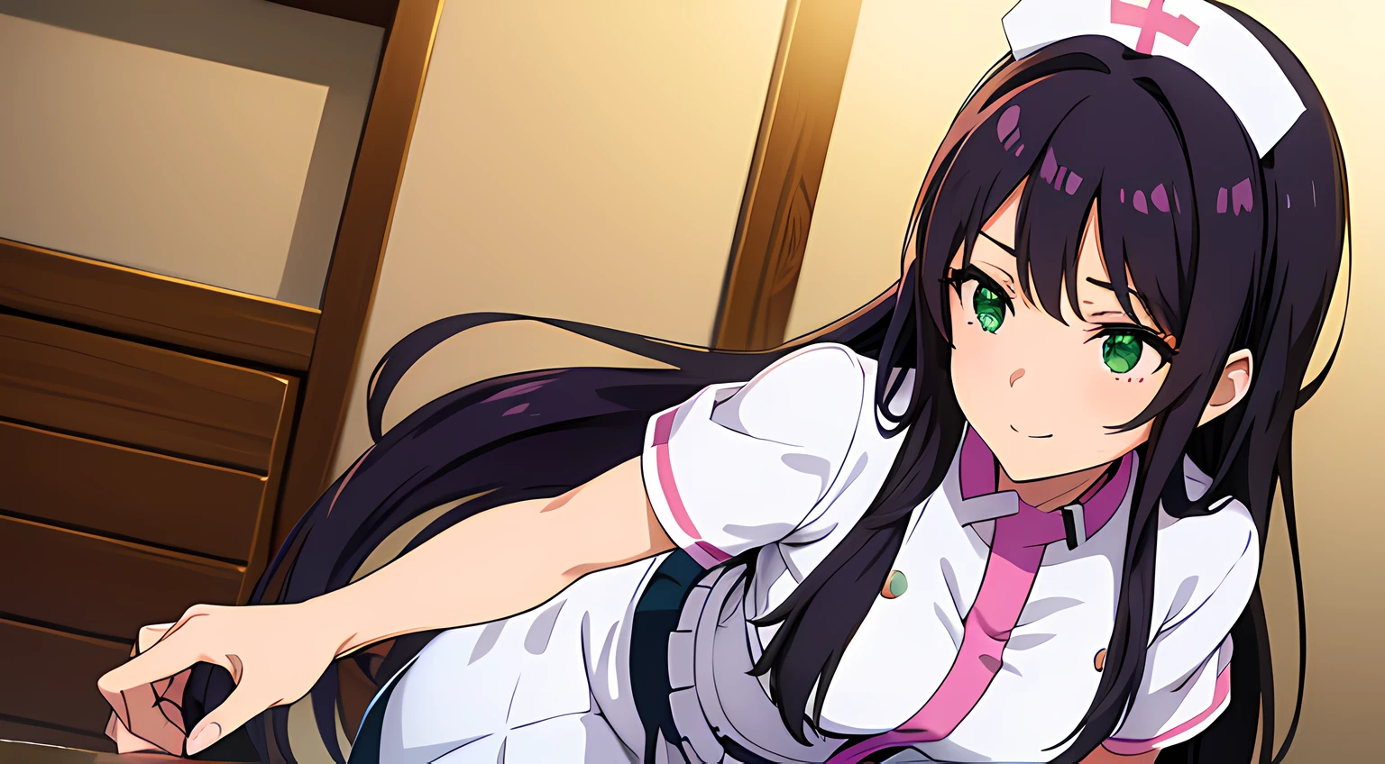 2 girls, (kisaragi chihaya, purple hair, (brown eyes:1,5), long hair, solo, business woman outfit), (rin shibuya, black hair, (green eyes:1.5), long hair, solo, nurse, ((white nurse cap, white nurse's outfit))), ((white legwear, zettai ryouiki)), white gloves, smile, standing, hospital room, sharp outline, short sleeves, best quality, masterpiece