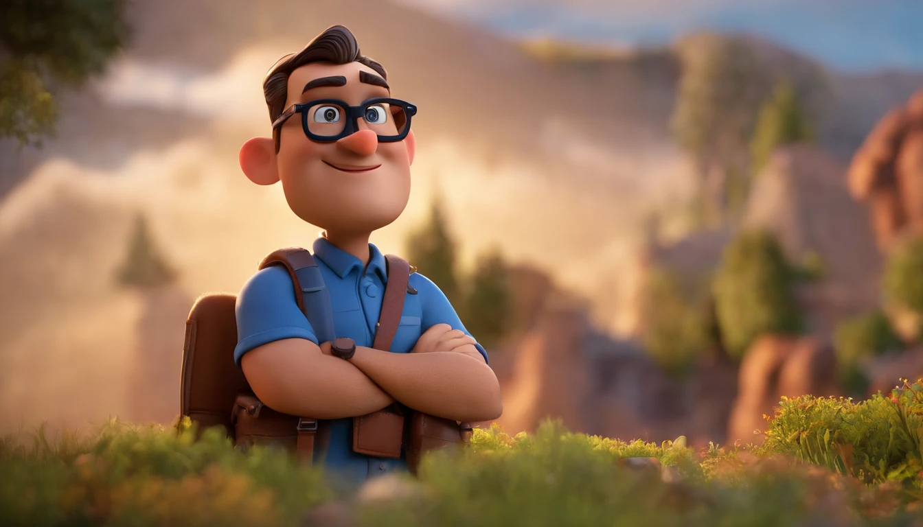 Cartoon character of a man wearing black glasses and a blue shirt, um personagem animado, Caractere estilizado, animation style rendering, 3D estilizado, Arnold Maya render, 3 d render stylized, toon render keyshot, Personagem 3D, Personagem 3D, 3d rendering stylized, 3 d character render, personagem de desenho animado, Personagem de close up, Pose de personagem, (Estilo Pixar) (master part:1.2) (Bokeh) (best quality) (pele detalhada) (textura detalhada) (8k) (argila) (Cinematic lighting) (foco nítido，Senta e vaza a parte superior do corpo