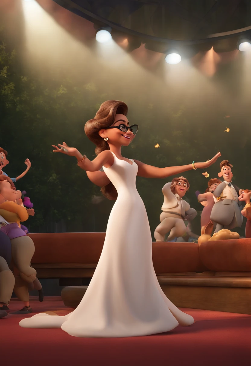 "(best quality,ultra-detalhado,Realistic:1.37),3D rendering,illustration,design de personagens,cabelos curtos e cacheados escuros,belos olhos detalhados,wearing white glasses,Estilo Pixar,morena mulher,Dancing on the Disney stage,atmosfera animada,vivid colors,luzes de palco,expression joyful"