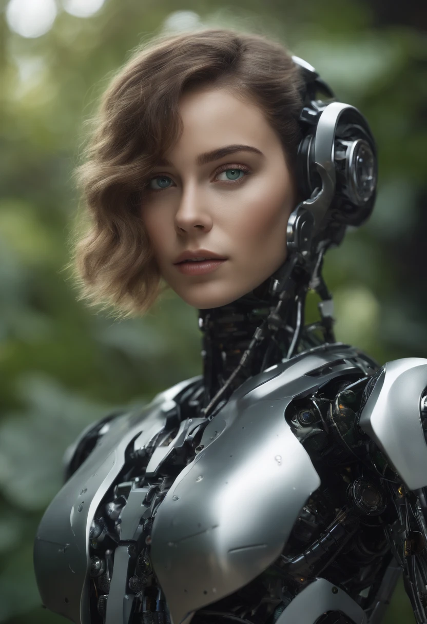 A Robotic Girl Named Loiwa Frank, with green eyes and a black and gray robotic structure, CORPO INTEIRO. Capturando cada detalhe intrincado de seu design. A obra mostra Loiwa Frank em um jardim, surrounded by vibrant flowers and lush vegetation, Adding a touch of nature to the futuristic setting. The high-resolution image is carefully crafted to display the best quality, allowing viewers to appreciate the intricate details and skill of the robotic girl. The overall art style is a combination of digital illustration and 3D rendering