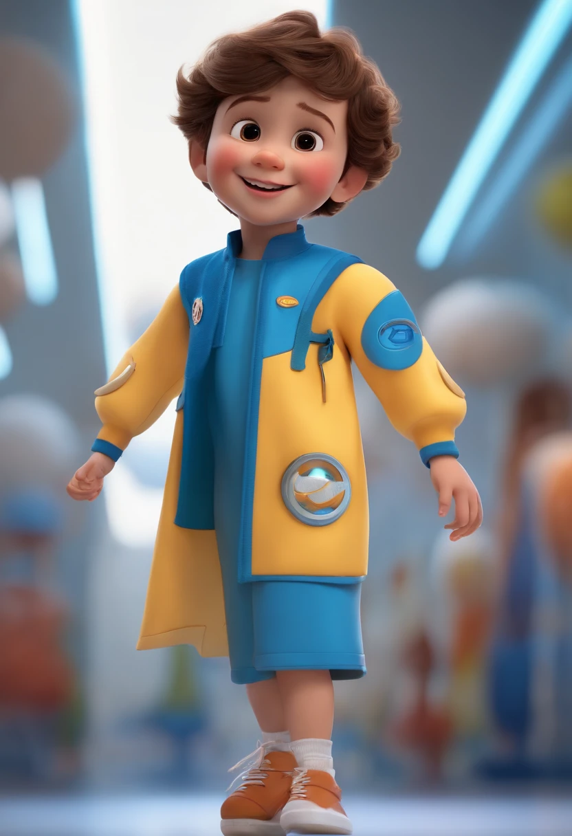 a happy cute ??? standing short hair, vestindo uma fantasia espacial, , fundo branco, barnet, tom, Estilo Pixar, ..3d, desenhos animados, rosto detalhado, asymmetrical 16k