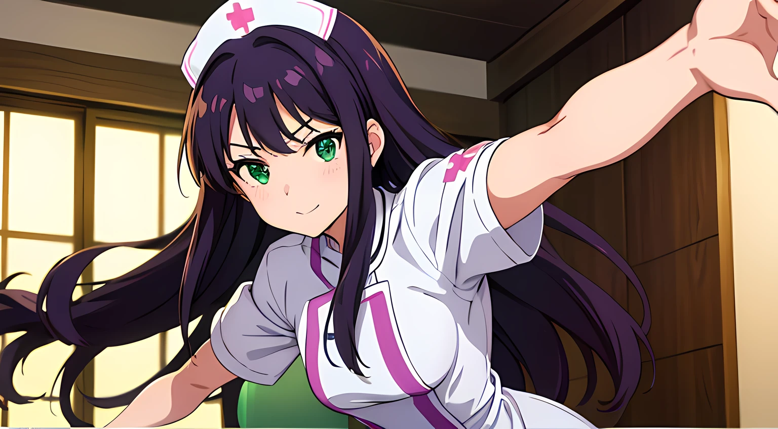 (kisaragi chihaya, purple hair, (brown eyes:1,5), long hair, solo, business woman outfit), (rin shibuya, black hair, (green eyes:1.5), long hair, solo, nurse, ((white nurse cap, white nurse's outfit))), ((white legwear, zettai ryouiki)), white gloves, smile, standing, hospital room, sharp outline, short sleeves, best quality, masterpiece