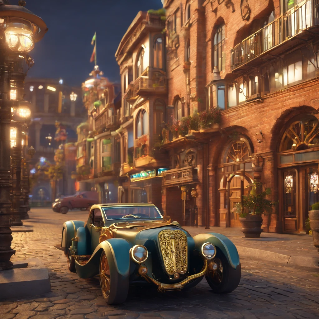 uma cidade steampunk com vista para o solo por WAS-Steampunk gato preto peludo em cima de uma ferrari preta
