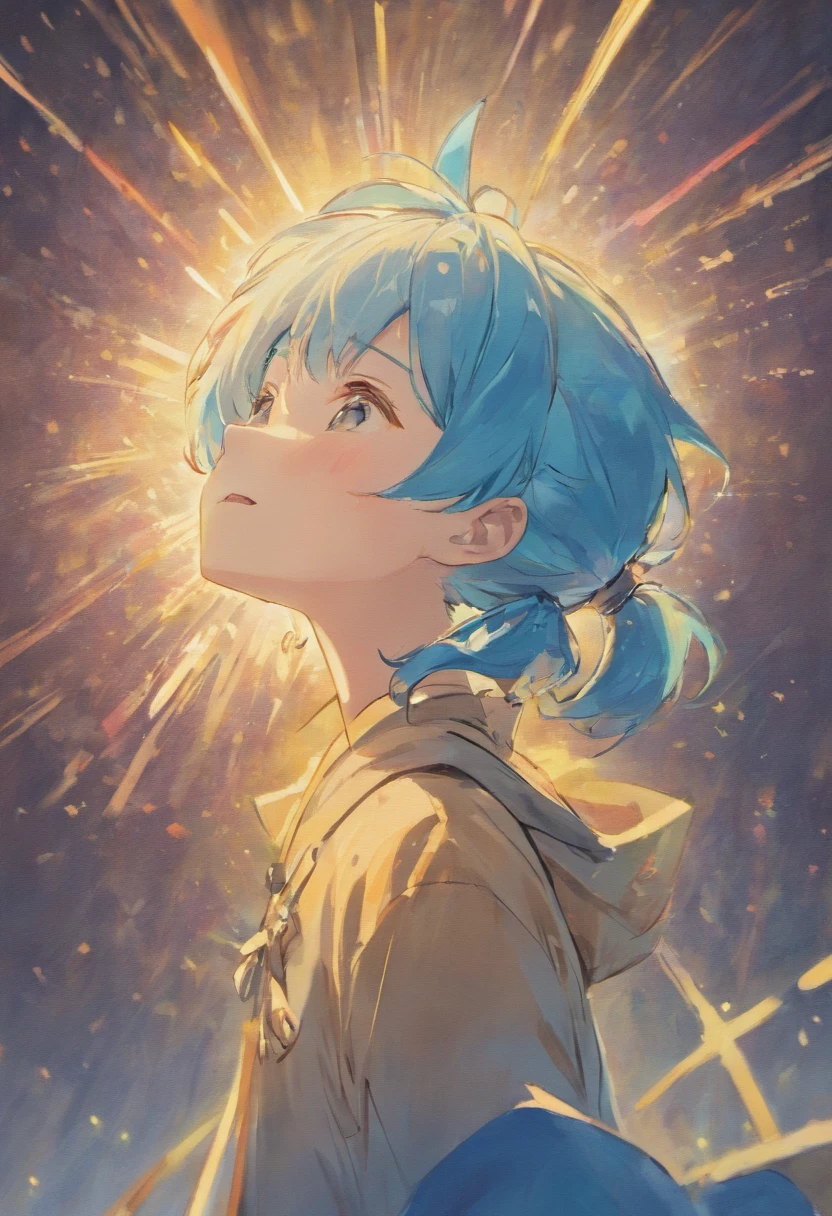 A picture of a smiling little boy with light blue hair, a forehead sticking out, and a short ponytail tied behind his back