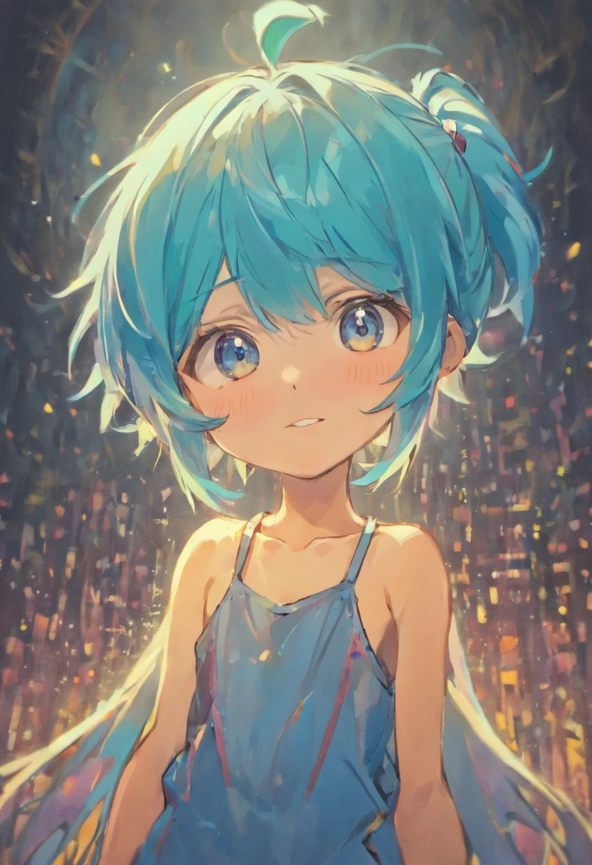 A picture of a smiling boy with light blue hair, a forehead sticking out, and a short ponytail tied behind his back
