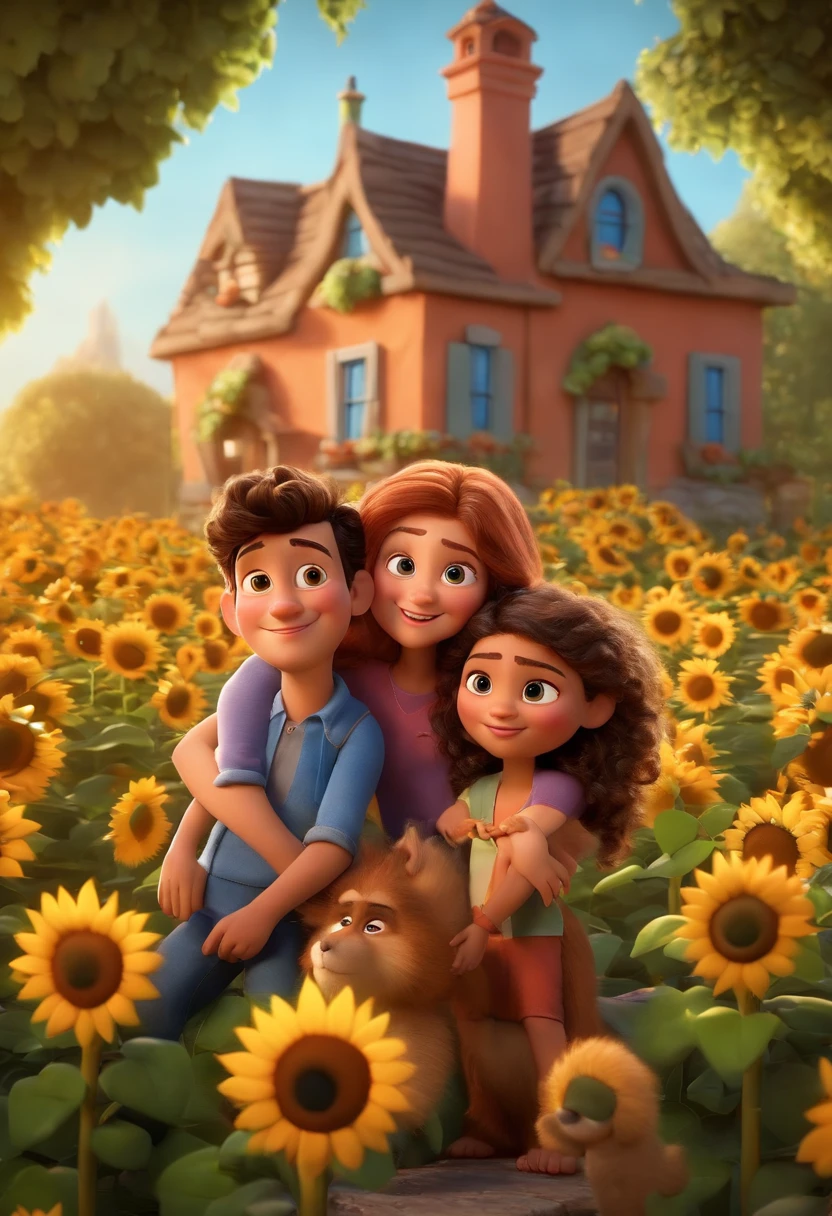 Create a Disney PIXAR-style 3D poster. ((centro da imagem, childrens)), ((3 children)) ((1 menino no meio e 2 meninas ao lado, They're hugging each other, O menino tem pele escura e cabelos castanhos escuros e olhos castanhos escuros, 1 menina tem pele negra, olhos e cabelos escuros e cacheados, e a outra menina tem pele morena, olhos escuros e cabelos escuros e lisos)) ((tudo isso no estilo Disney PIXAR 3D, In the background, A house of sunflowers, Gloria Studio, The garden is full of nature 3D render RTX clay material, estilo de design cartunesco, POP Mart, soft lighting, linhas suaves, Spring tilt, Detailed illustrations of PIXAR 3D, Detalhes hiper-realistas, cor quente no estilo Disney PIXAR 3D))