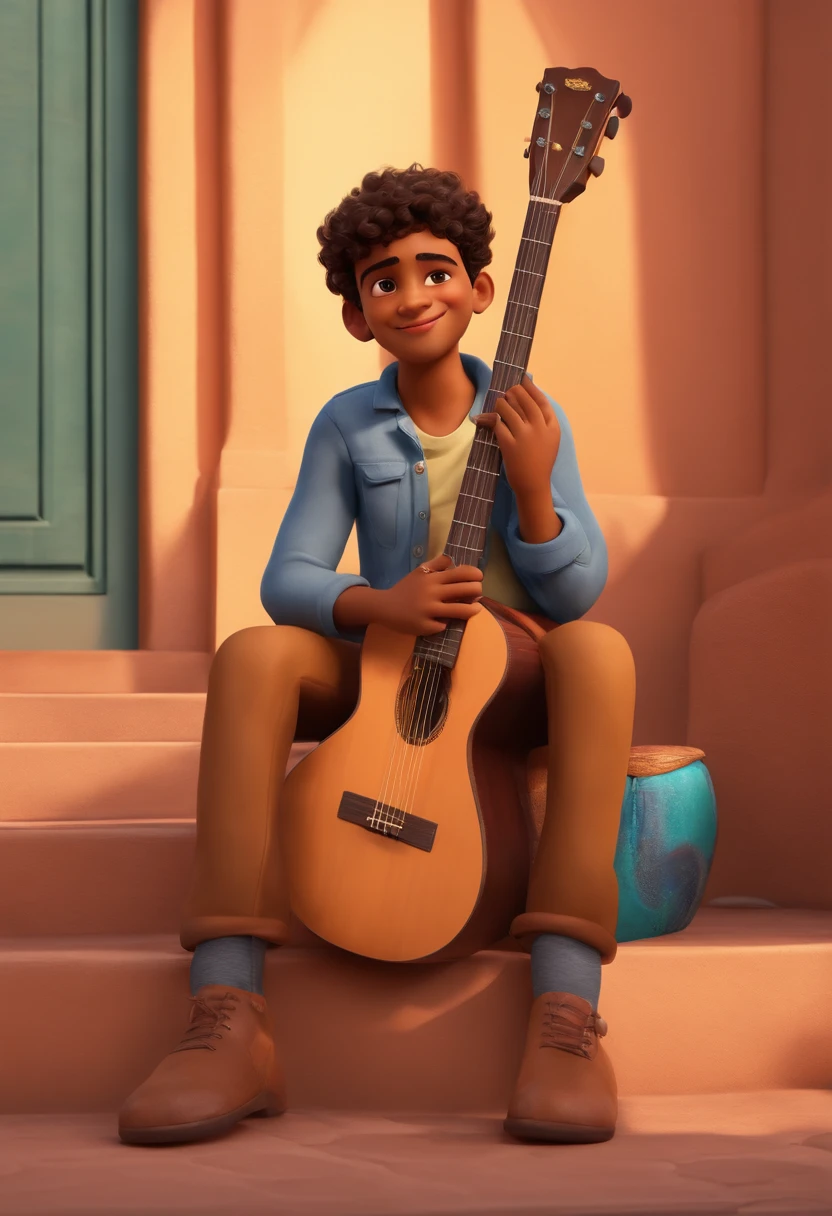 crie um banner no estilo Pixar. A boy with Indian features, moreno pardo com cabelos curtos, Castanhos escuros, Curly and slightly grayish appearance, mas jovem, usando uma camiseta, Wearing jeans and holding a classical guitar with 7 strings.