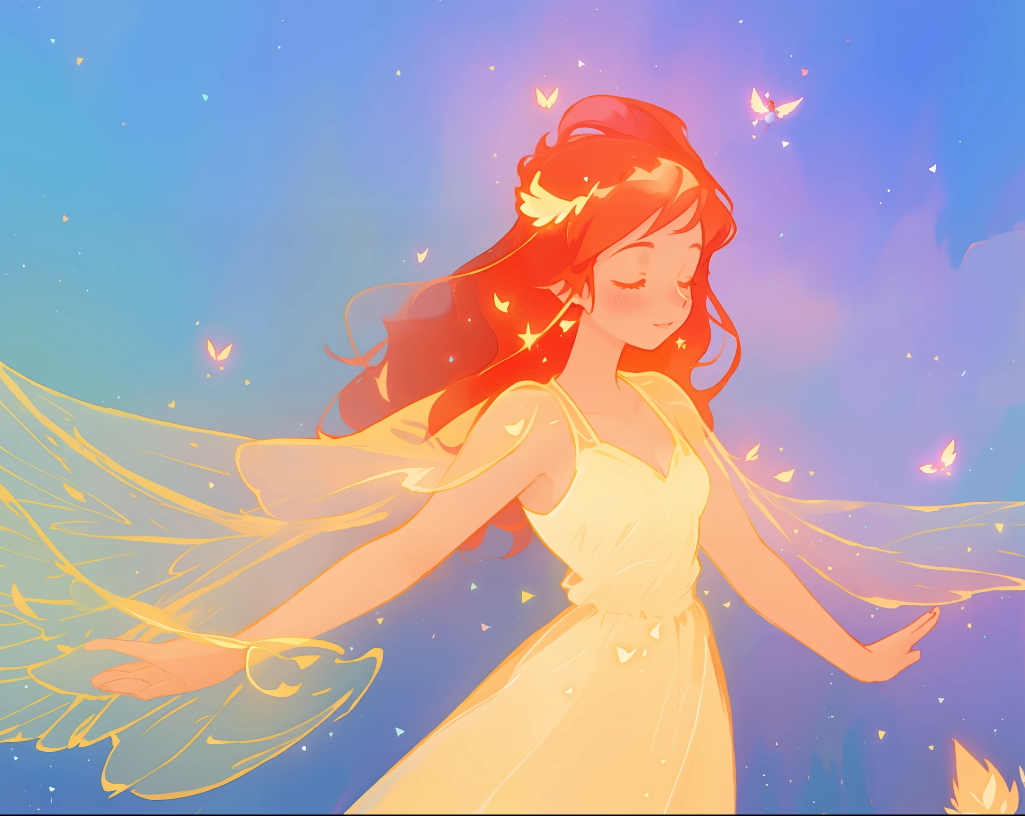 beautiful girl in golden gown, sparkling fairy wings, long flowing red hair, fantasia sky background, colorful, (glowing fairy wings), glowing flowing ballgown, long wavy hair, sparkling fairy wings, watercolor illustration, flowers and colorful plants, disney art style, glowing aura around her, flowing glowing hair, glowing flowing hair, beautiful digital illustration, beautiful, masterpiece, best quality, anime disney style