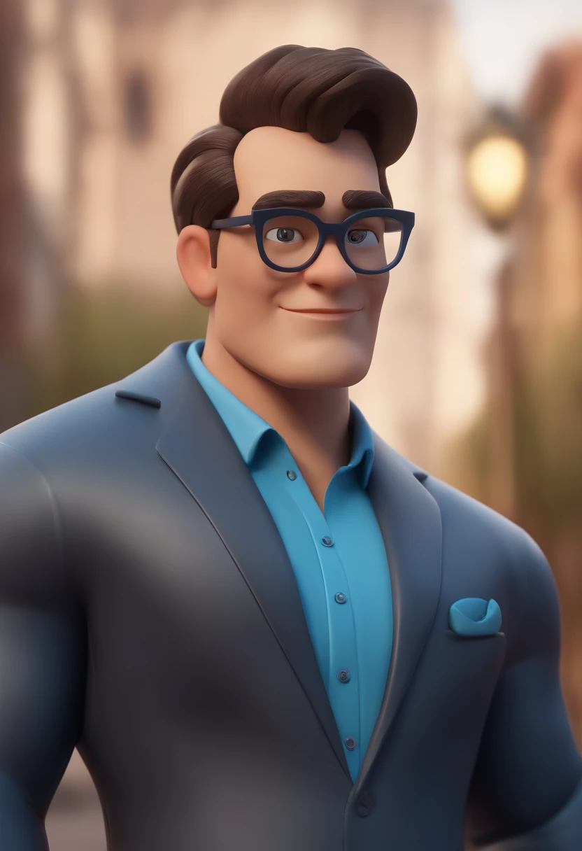 Cartoon character of a man wearing black glasses and a blue shirt, um personagem animado, Caractere estilizado, animation style rendering, 3D estilizado, Arnold Maya render, 3 d render stylized, toon render keyshot, Personagem 3D, Personagem 3D, 3d rendering stylized, 3 d character render, personagem de desenho animado, Personagem de close up, Pose de personagem, (Estilo Pixar) (master part:1.2) (Bokeh) (best quality) (pele detalhada) (textura detalhada) (8k) (argila) (Cinematic lighting) (foco nítido，Senta e vaza a parte superior do corpo