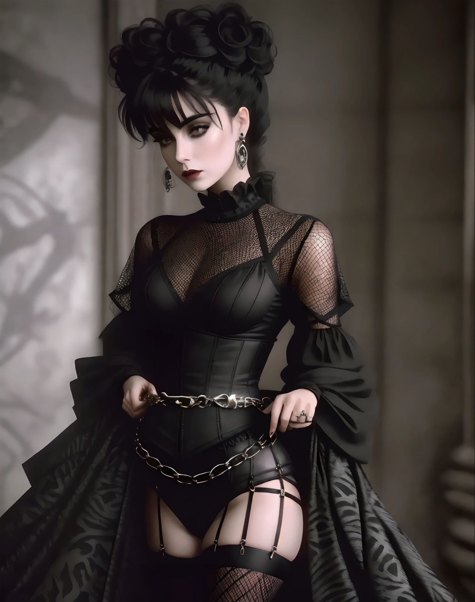 Masterpiece, absurdres,award winning photo, extremely detailed, amazing, fine detail, extremely detailed eyes and face, by lee jeffries nikon d850 film stock photograph 4 kodak portra 400 camera f1.6 lens rich colors hyper realistic lifelike texture dramatic lighting unrealengine trending on artstation cinestill 800 tungsten,
BalenciagaStyle,
GothGal, (fishnet stockings, gothic print, imprinted skulls:1.25), a woman in a black and white outfit is standing in a bedroom,woman wearing a GothGal outfit, large boots,lace, ribbon, lipstick, pale skin, posing in a bedroom, Masterpiece, 4K, HD, Woman wearing a black leather garterbelt and (multiple leather straps,multiple iron chains attached to rings:1.125), character generated and dressed in BalenciagaStyle