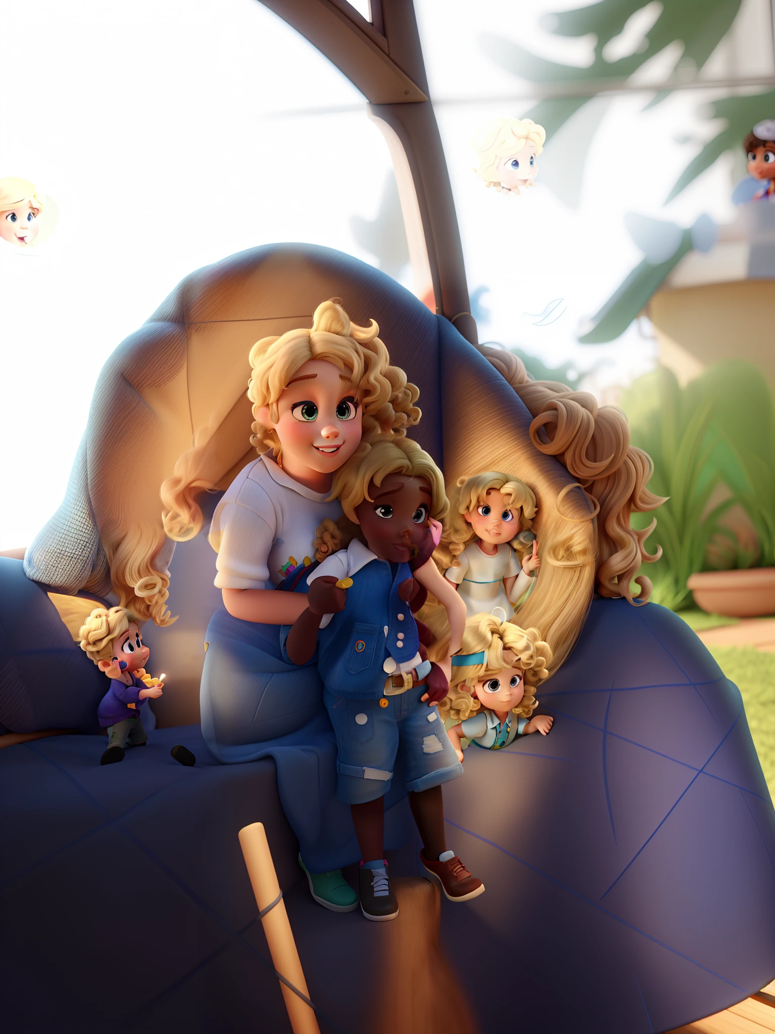 Sisters Disney Pixar Style Best Quality High Quality. Blonde babe short hair and 4 short curly hair
