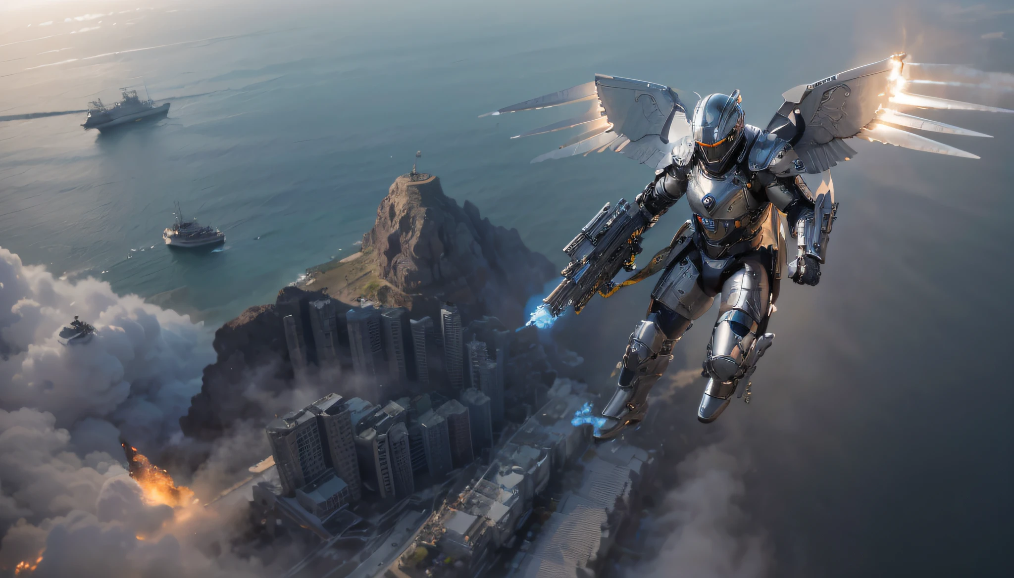 Cyborg flying male soldier is flying over an island, Futuristic silver helmet, Modern silver light armor with blue details, Metal wings, fire comes out of the wings, Belt with ammunition, Black leather gloves, Highly detailed hands, carries an advanced weapon , Cyborg weapon, background, Tropical island, Sea, Fire, conflagration, Smoke explosions, ShipsUltra detailed, hyperrealistic, 4k, Ultra detailed image, realistic, Highly detailed, perfect composition, gorgeous, Intricately detailed, incredibly detailed, Art photography 8K, hyper detailed, Masterpiece, Ultra detailed, hyper realistic, 4k, Ultra detailed image, realistic, Highly detailed, perfect composition, beautiful, intricately detailed, incredibly detailed, art photography 8k, hyper detailed, masterpiece