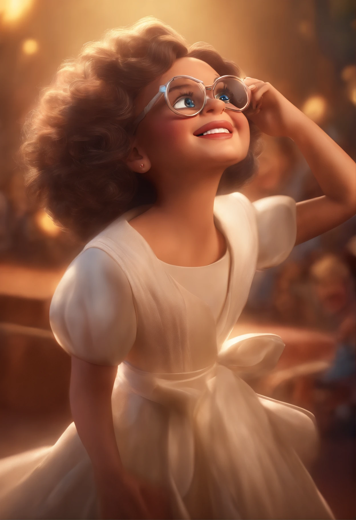 "(best quality,ultra-detalhado,Realistic:1.37),3D rendering,illustration,design de personagens,cabelos curtos e cacheados escuros,belos olhos detalhados,wearing white glasses,Estilo Pixar,morena mulher,Dancing on the Disney stage,atmosfera animada,vivid colors,luzes de palco,expression joyful"