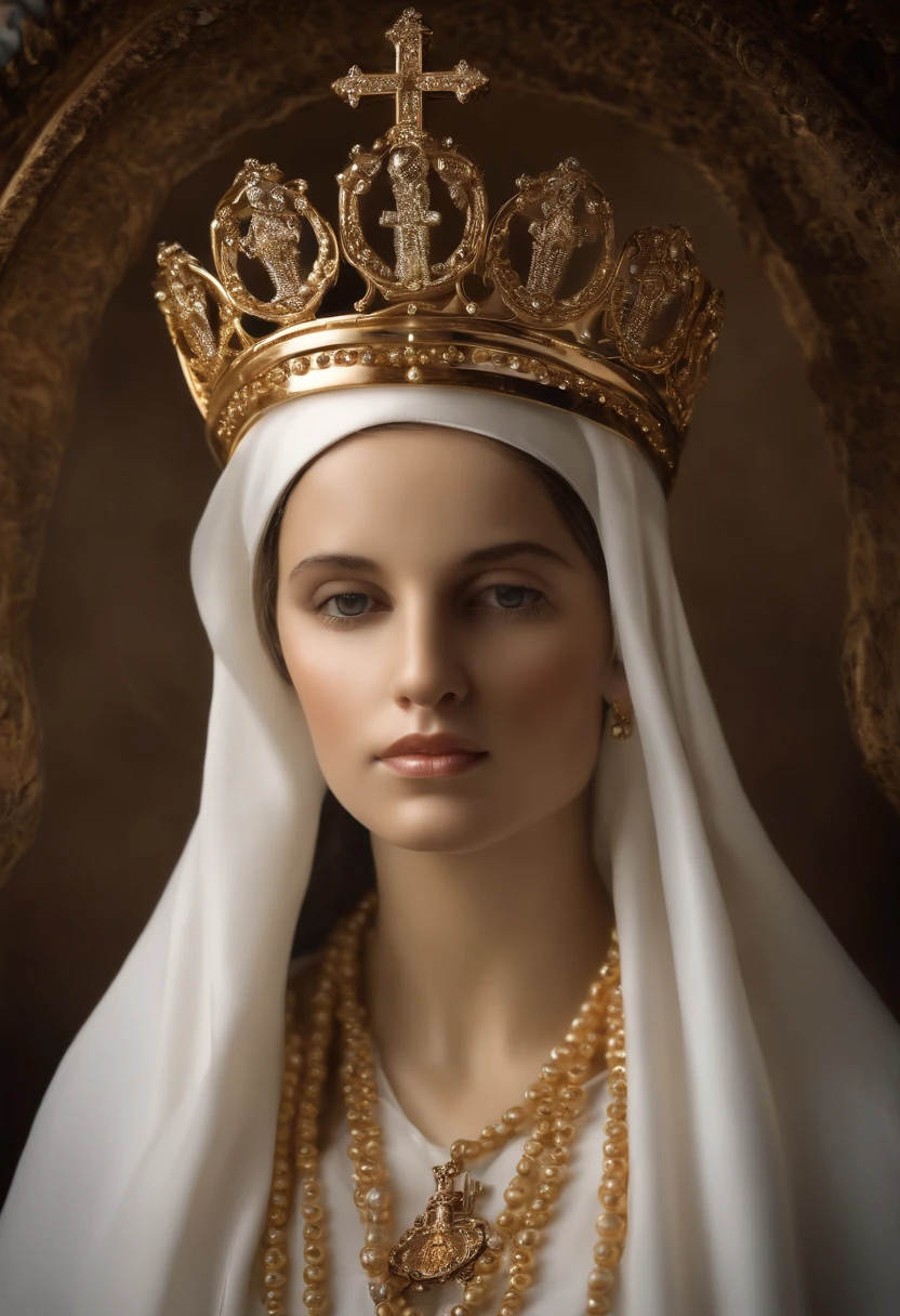 no fundo branco, the image of Our Lady of Fatima. She has a serene face and her eyes are closed and express calm and pity. She has a long white veil that falls over her shoulders. Ela usa um manto branco que cobre todo o corpo (except the hands and feet) com detalhes dourados nas bordas (no colarinho e na cintura). Ela usa um colar com uma medalha milagrosa. She wears a gold Marian crown on her head (que tem uma cruz no topo). She holds a rosary in her right hand (que tem contas brancas e uma cruz dourada). The rosary is wrapped around the index finger and thumb. She is in a position of prayer. Her feet are bare in a white novem. The cloud is on top of a small bush-like tree, estilo arte vetorial
