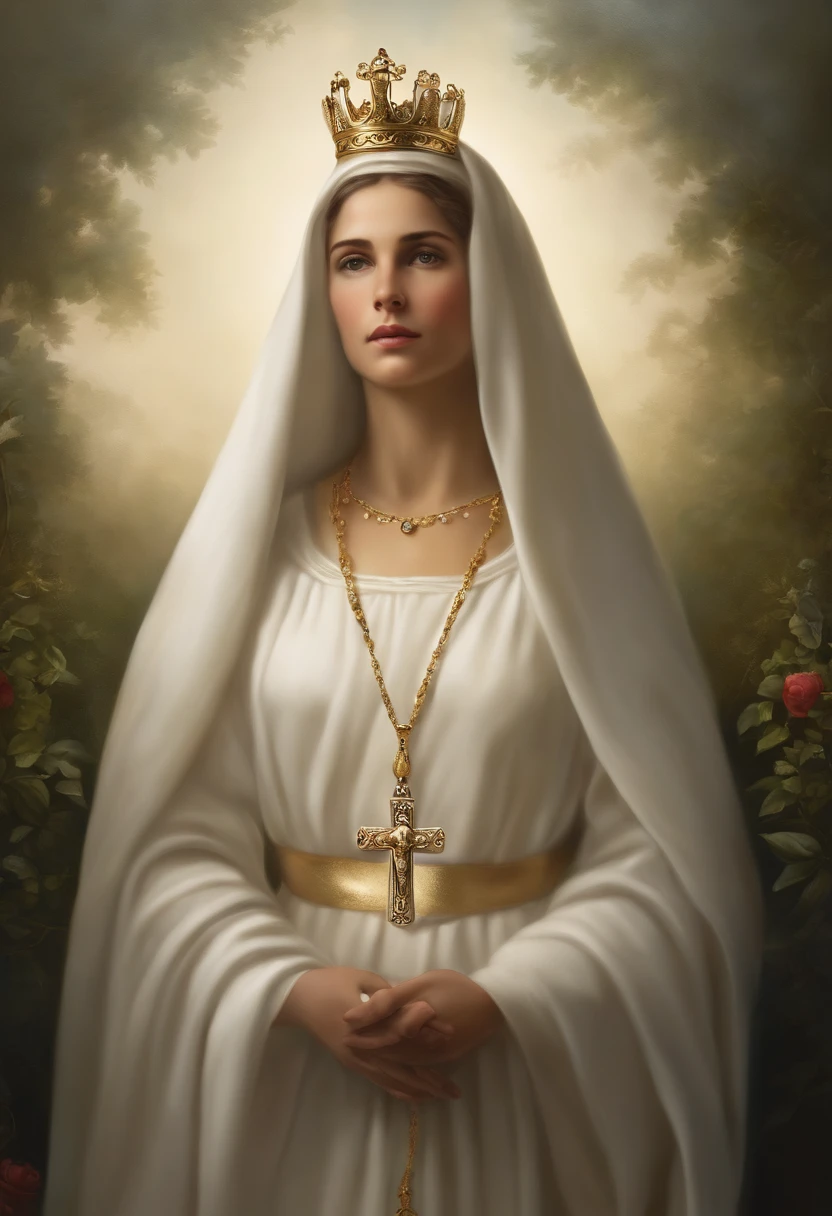 in white background, the image of Our Lady of Fatima. She has a serene face and her eyes are closed and express calm and pity.. She has a long white veil that falls over her shoulders. She wears a white cloak that covers her entire body. (except the hands and feet) with golden details on the edges (on the collar and waist). She wears a necklace with a miraculous medal. She wears a gold Marian crown on her head (that has a cross on top). She holds a rosary in her right hand (which has white beads and a golden cross). The rosary is wrapped around the index finger and thumb. She is in a position of prayer. Her feet are bare in a white novem. The cloud is on top of a small bush-like tree, vector art style