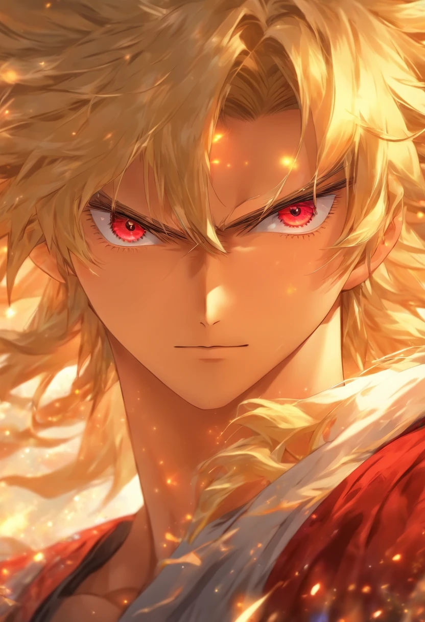 high quality, best quality, official art, 8k wallpaper, masterpiece, beautiful man, detailed portrait, long blonde hair, red eyes, pale, dainty, delicate, and slender, small smile, fashionable, cute, angelic