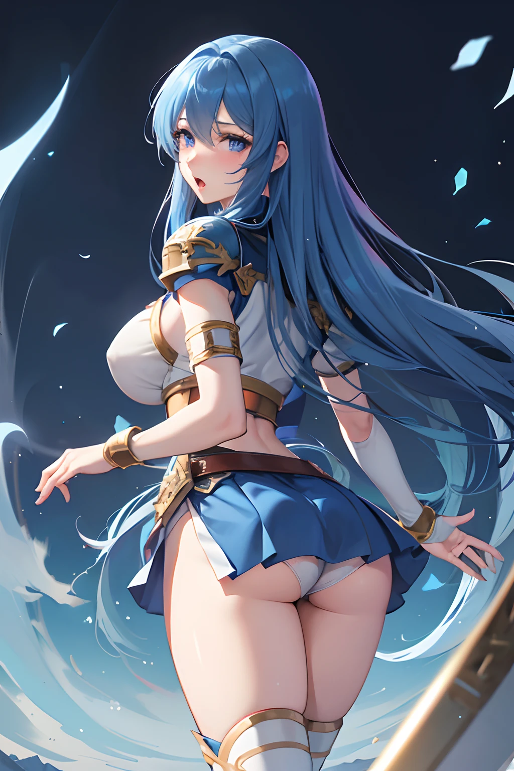 (top-quality, 8K, masterpiece, Top image quality, Hi-Res, super detailing, Ultra HD, (Delicate and smooth skin, real looking skin, Perfect and beautiful face ,Perfect and cute face, high detail skin, Perfect limbs)), 1girl , armor , ass focus , blue eyes , blush , cameltoe , embarrassed , fingerless gloves , view from behind , huge ass , long blue hair , looking at viewer , miniskirt , open mouth , pegasus knight uniform (fire emblem) , solo , thick thighs , thighhighs , trefoil , upskirt , white panties, Caeda (fire emblem)