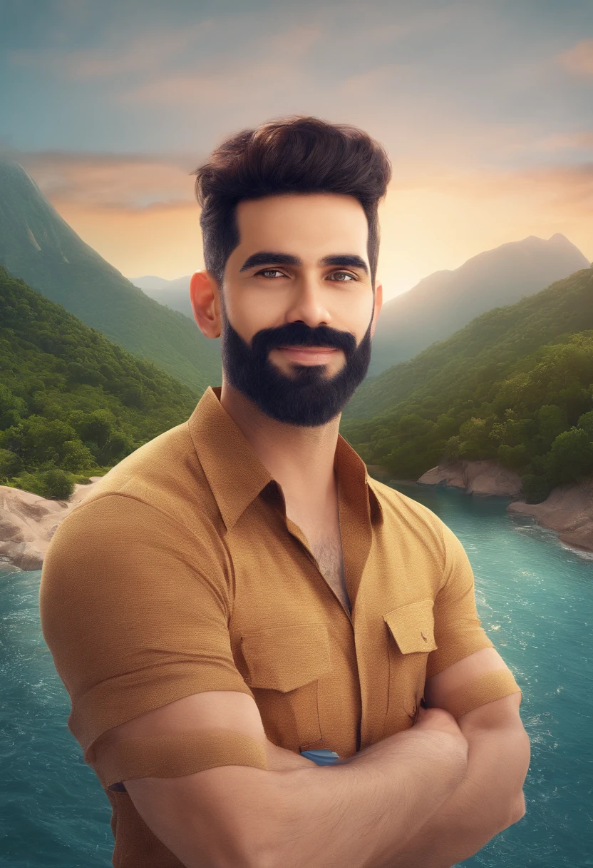 Homem com barba e bigode parado em frente a um rio, em frente a um fundo de floresta, rio ao fundo, com montanhas no fundo, Emad Mostaque, Fotografia selfie 8k, com montanhas ao fundo, david rios ferreira, com montanhas como pano de fundo, (38 anos), Selvas ao fundo, Colinas ao fundo
