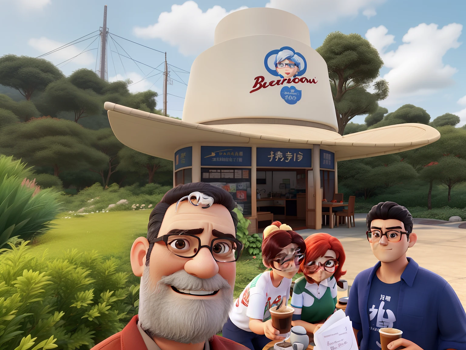 Obra-prima, de melhor qualidade, Three psychologists drinking coffee, sendo uma mulher de 40 anos loira, With shoulder-length hair, boca vermelha, brincos dourados gordinha com camiseta escrito Setting Corporativo, uma mulher japonesa com cabelo bem curto e encaracolado e raspado do lado esquerdo, with big glasses and big red rectangular earring, camiseta verde escrita Setting Corporativo, um homem de 55 anos, com bastante cabelo e barba grisalha, with Jung glasses with t-shirt written Corporate Setting. The three of them drink coffee and chat in a room at Freud's