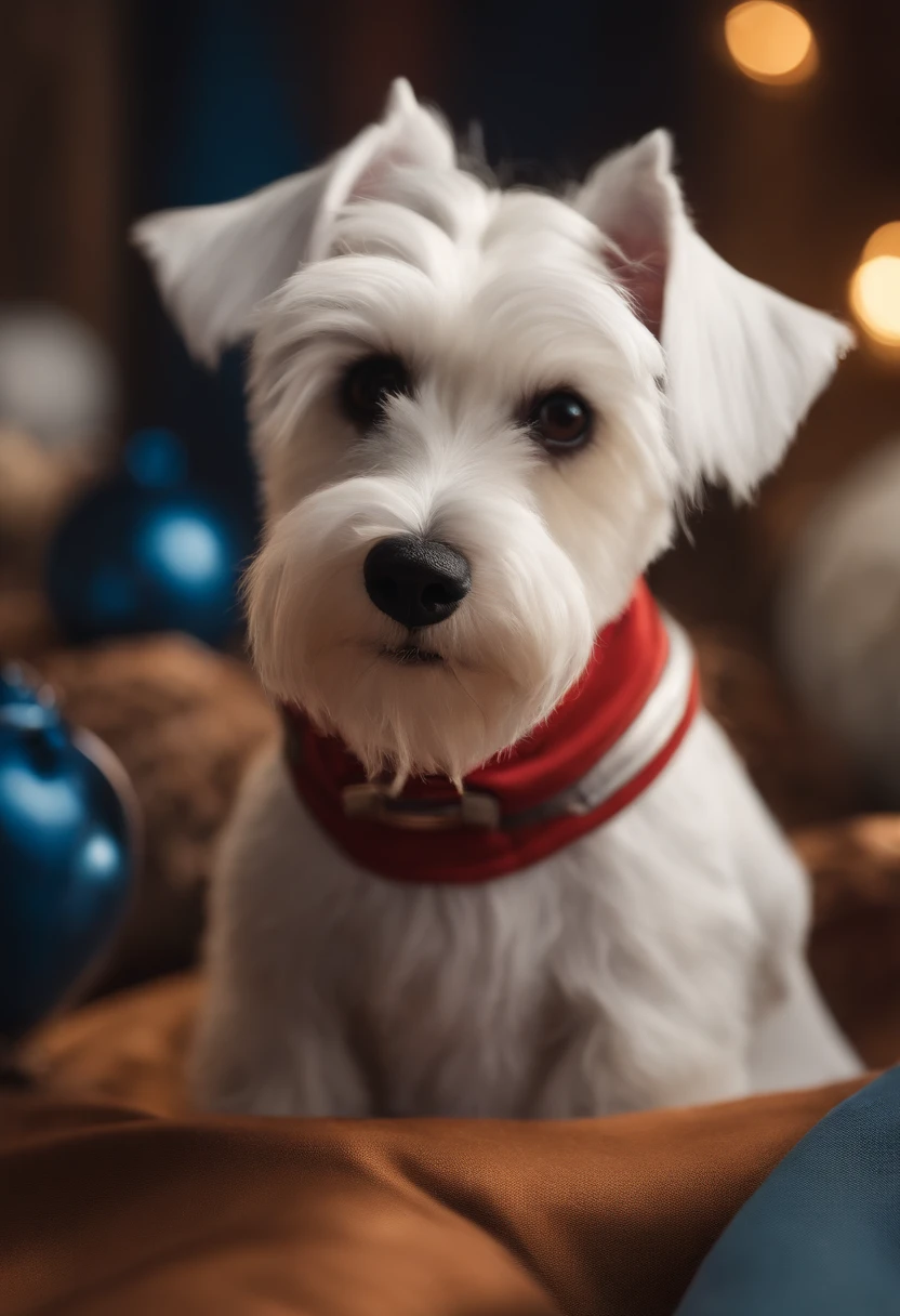 UMA PERSONAGEM INSPIRADA NA DISNEY PIXAR. IMAGE OF A WHITE BREED MINIATURE SCHNAUZER DOG WITH SUPERHERO OUTFIT. ELE DEVE PARECER CORAJOSO E FORTE. VEMOS UMA CIDADE COM PREDIOS ALTOS AO FUNDO. A CENA DEVE ESTAR NO ESTILO DE ARTE DIGITAL DA PIXAR, focusing on the expressions of the characters, CORES VIBRANTES E TEXTURAS DETALHADAS.