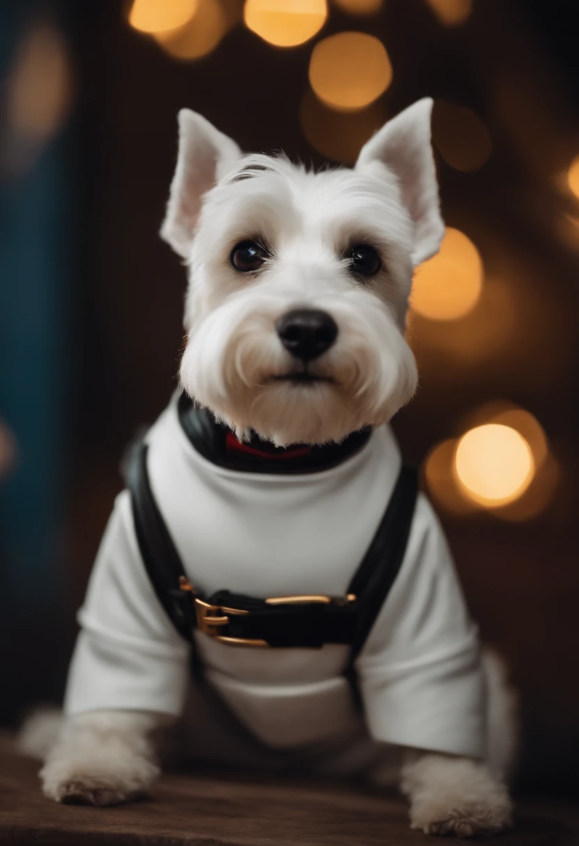 UMA PERSONAGEM INSPIRADA NA DISNEY PIXAR. IMAGE OF A WHITE BREED MINIATURE SCHNAUZER DOG WITH SUPERHERO OUTFIT. ELE DEVE PARECER CORAJOSO E FORTE. VEMOS UMA CIDADE COM PREDIOS ALTOS AO FUNDO. A CENA DEVE ESTAR NO ESTILO DE ARTE DIGITAL DA PIXAR, focusing on the expressions of the characters, CORES VIBRANTES E TEXTURAS DETALHADAS.