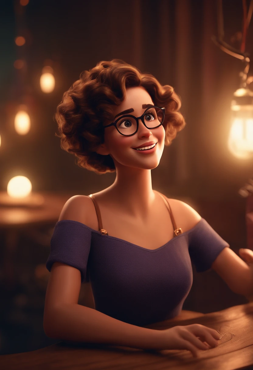 Pixar style image with 3D character white glasses brunette woman short curly hair dancing, Maquiagem Disney,Pescador, bonitinho, sorridente ,Close-up, Pixar, Disney, Cinema lighting,