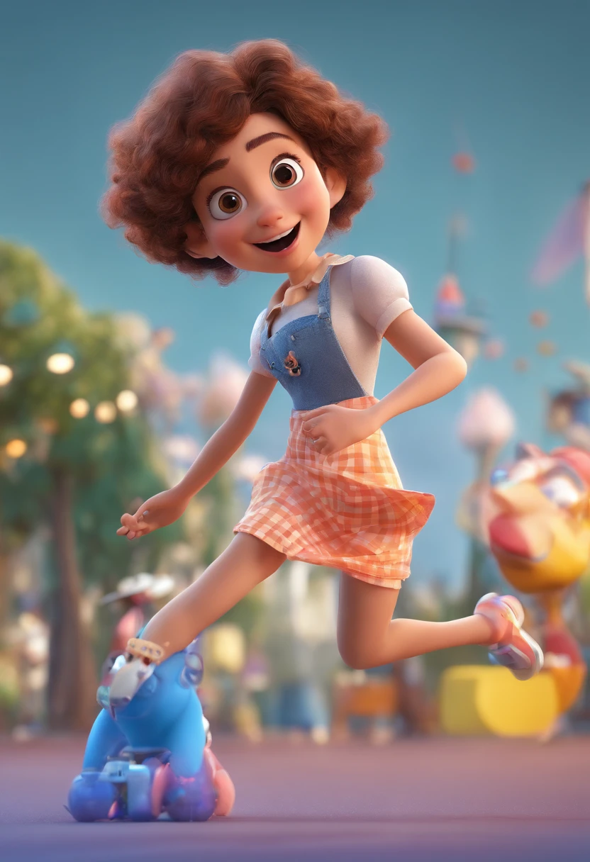 Pixar style image with 3D character white glasses brunette woman short curly hair dancing, Maquiagem Disney,Pescador, bonitinho, sorridente ,Close-up, Pixar, Disney, Cinema lighting,