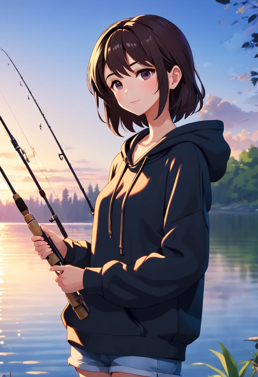 ((((Woman holding a fishing rod with a reel by the lake:1.5)))),((1 female 22 years old))((Best Quality, masutepiece :1.5)),(((Hands with the correct number and structure of fingers:1.6))),hight resolution,ultra-detailliert,masterpiece,best qualtiy,,brown haired, long eyeslashes, Drunken eyes, Smiling Woman, drop shadow, Atmospheric perspective,Super Detail, ccurate, small brest,(Black hoodie :1.5),top-quality, blurry backround, bokeh dof:1.2, (masterpiece:1.3), Atmospheric perspective,Super Detail,dynamic compositions,shot in Canon、Shooting at dusk